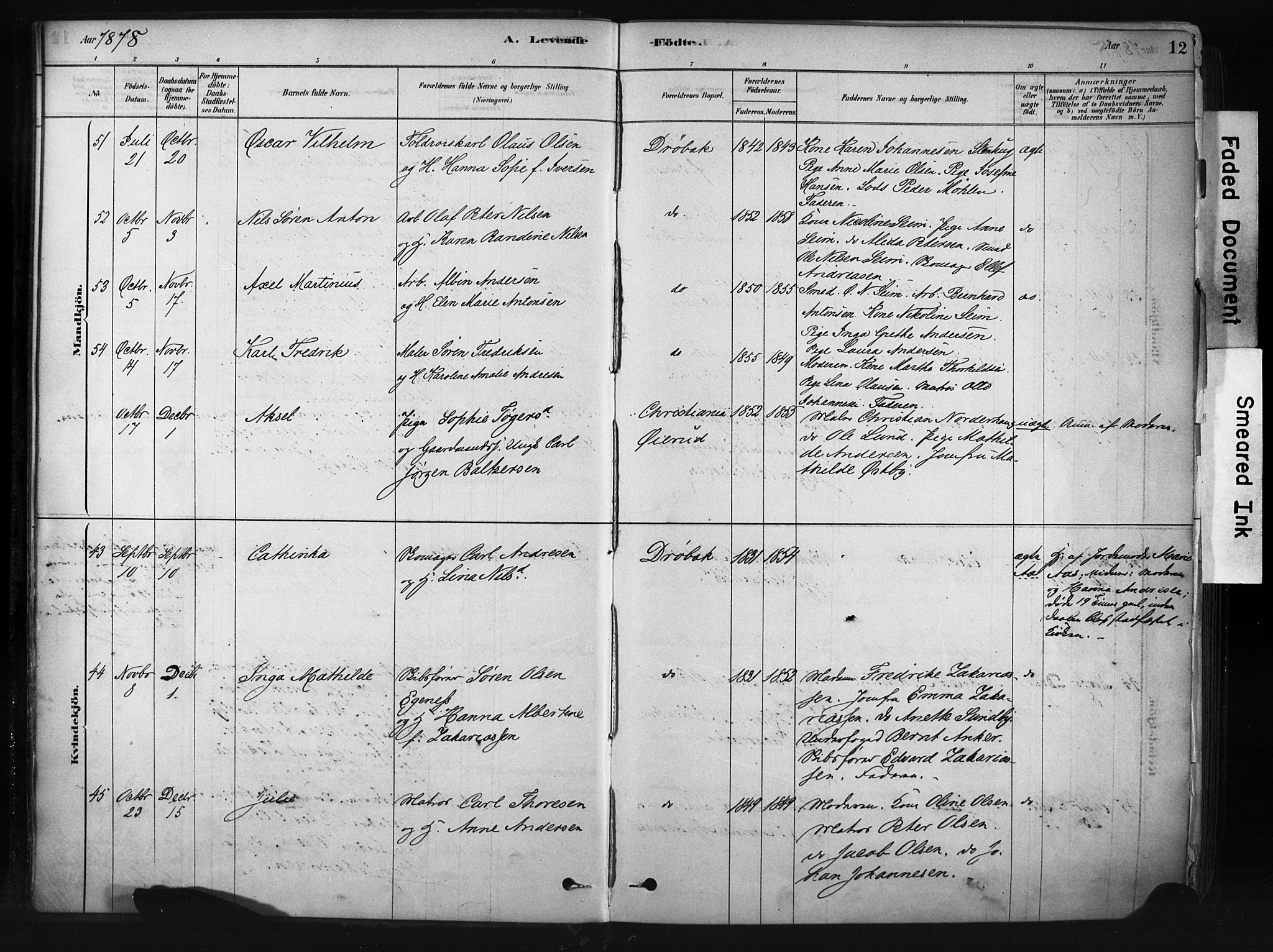 Drøbak prestekontor Kirkebøker, AV/SAO-A-10142a/F/Fb/L0001: Ministerialbok nr. II 1, 1878-1891, s. 12