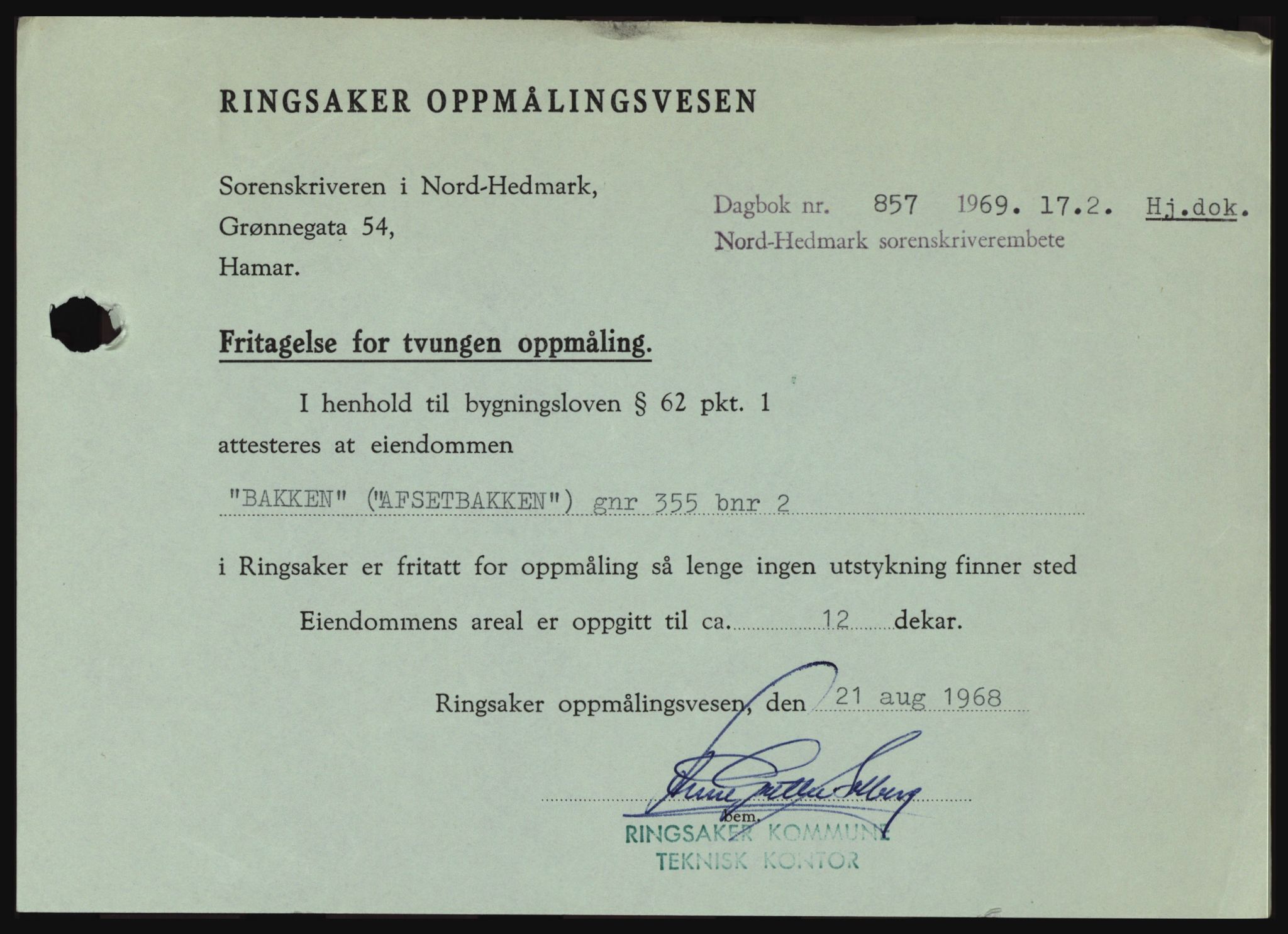 Nord-Hedmark sorenskriveri, SAH/TING-012/H/Hc/L0030: Pantebok nr. 30, 1969-1969, Dagboknr: 857/1969