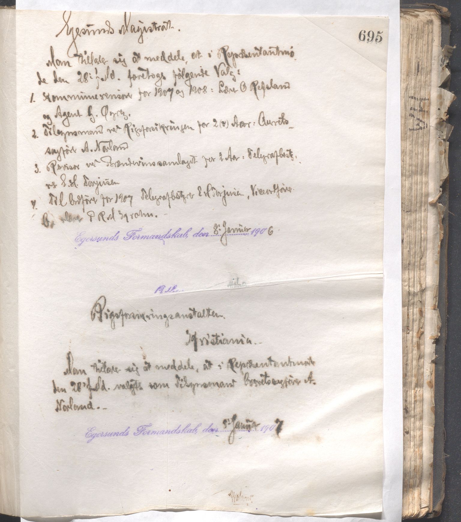 Egersund kommune (Ladested) - Formannskapet, IKAR/K-100502/B/L0003: Kopibok, 1901-1908, s. 695