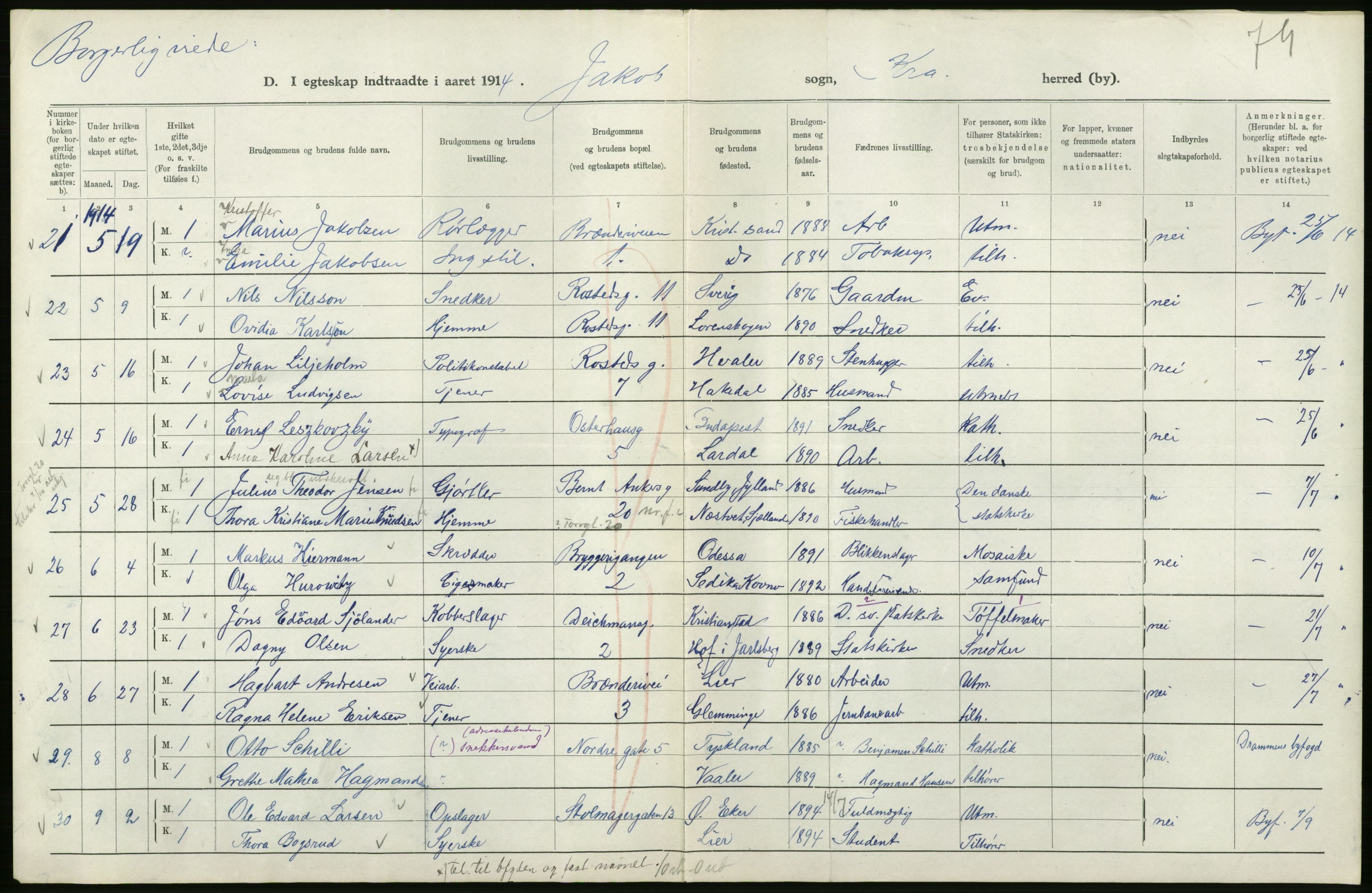 Statistisk sentralbyrå, Sosiodemografiske emner, Befolkning, AV/RA-S-2228/D/Df/Dfb/Dfbd/L0007: Kristiania: Gifte, 1914, s. 6