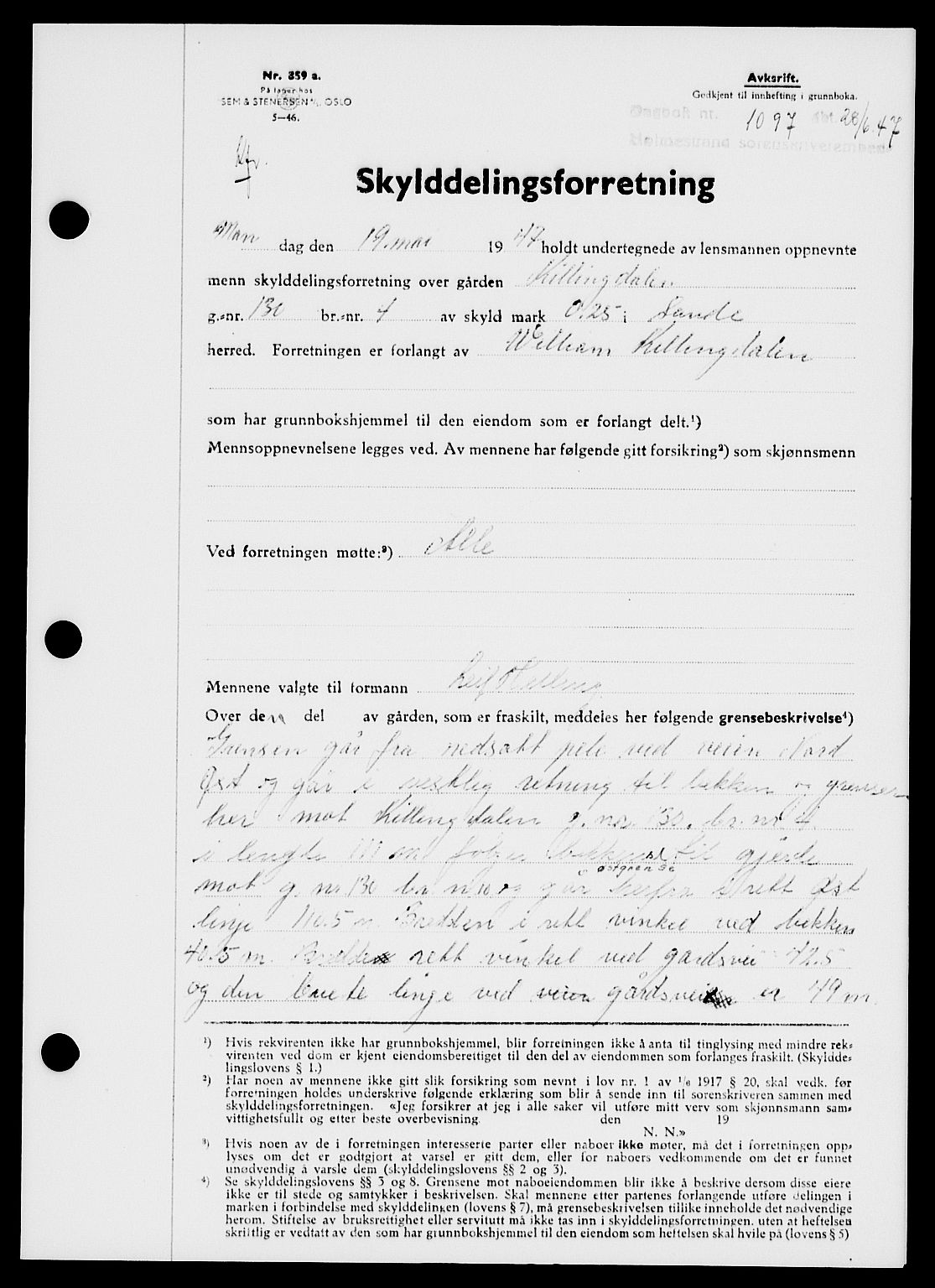 Holmestrand sorenskriveri, SAKO/A-67/G/Ga/Gaa/L0062: Pantebok nr. A-62, 1947-1947, Dagboknr: 1097/1947