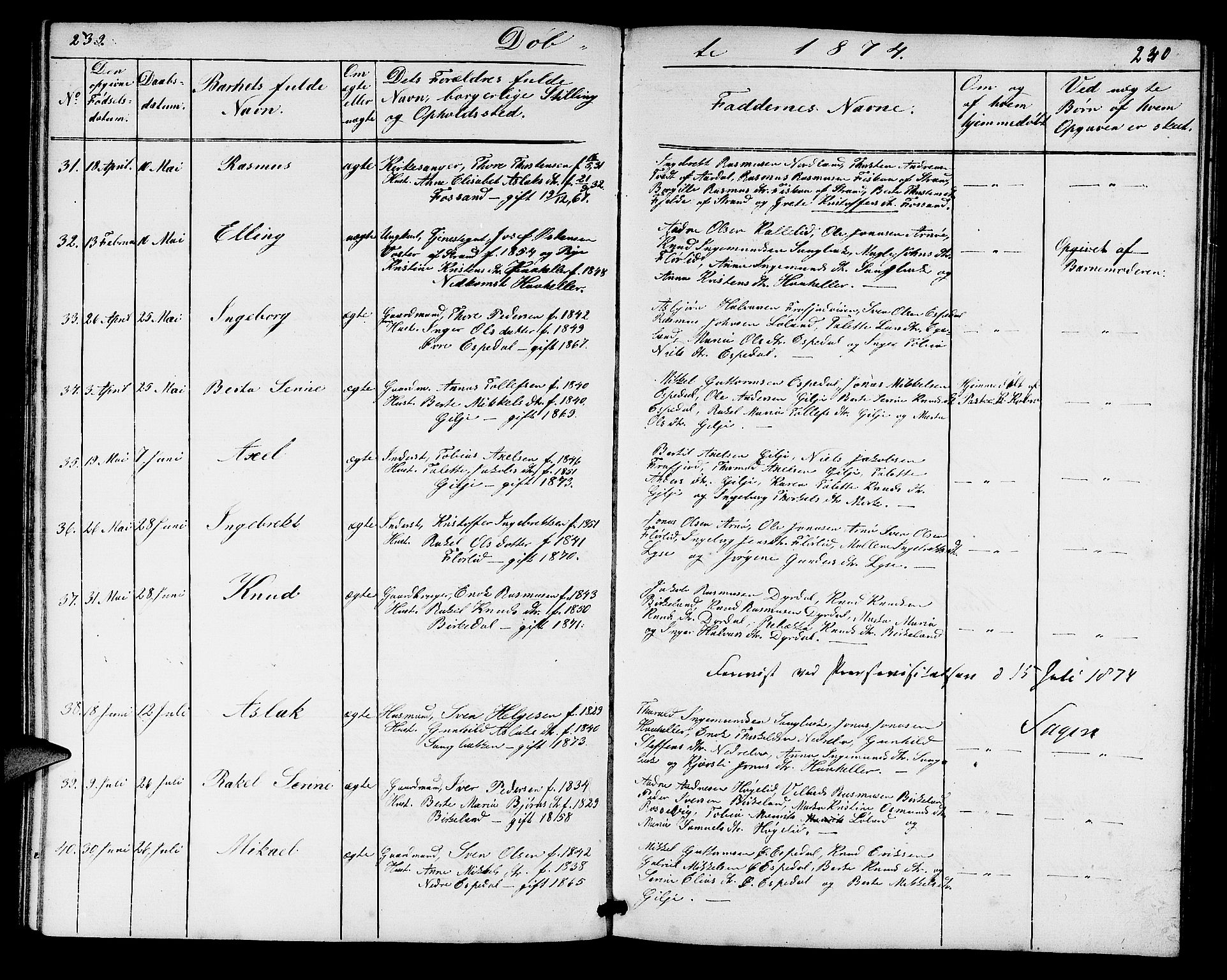 Høgsfjord sokneprestkontor, AV/SAST-A-101624/H/Ha/Hab/L0002: Klokkerbok nr. B 2, 1855-1882, s. 239-240