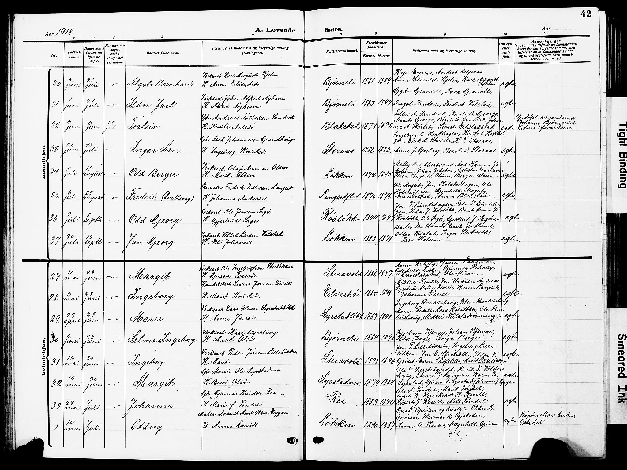 Ministerialprotokoller, klokkerbøker og fødselsregistre - Sør-Trøndelag, AV/SAT-A-1456/672/L0865: Klokkerbok nr. 672C04, 1914-1928, s. 42