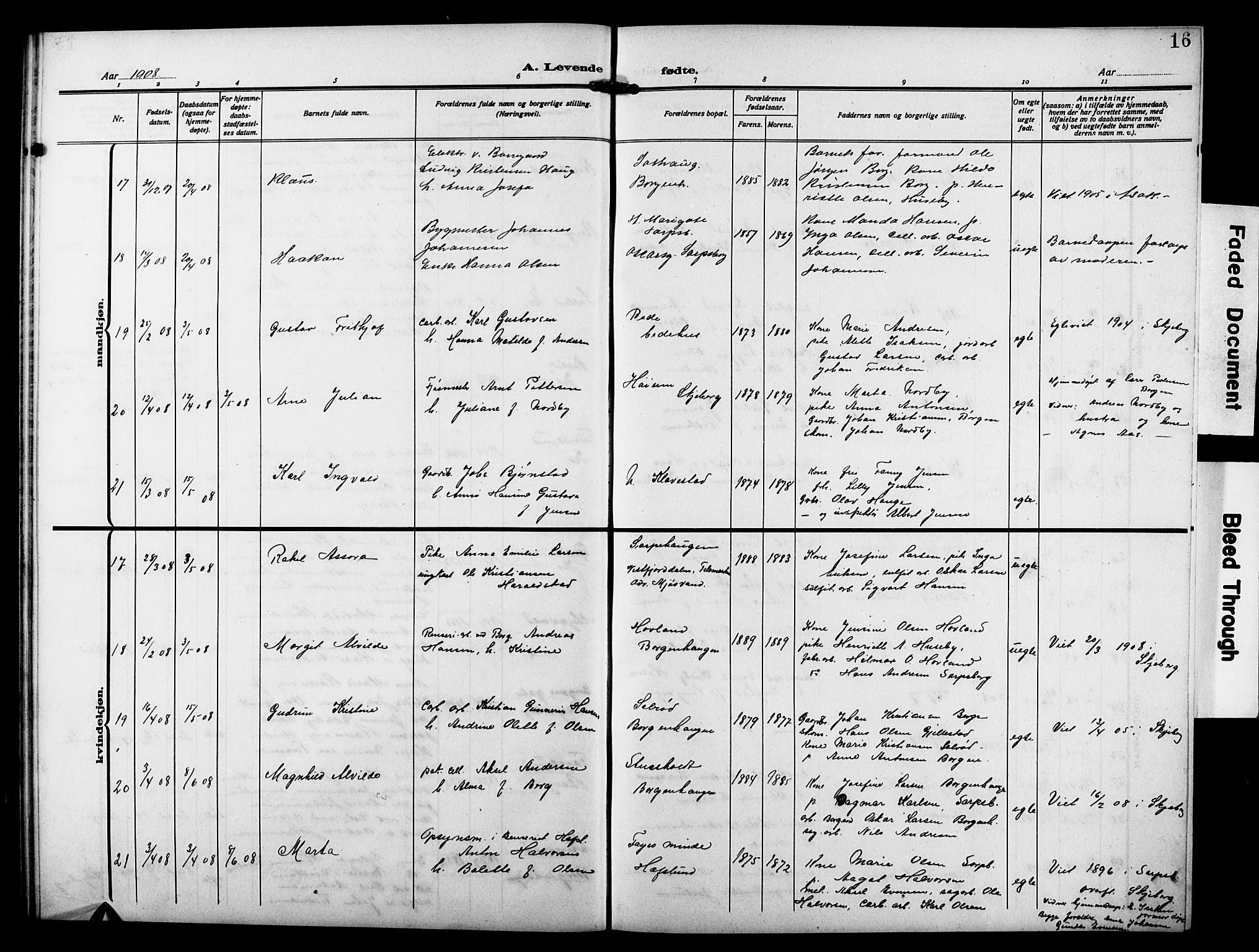 Skjeberg prestekontor Kirkebøker, AV/SAO-A-10923/G/Gd/L0001: Klokkerbok nr. IV 1, 1907-1917, s. 16