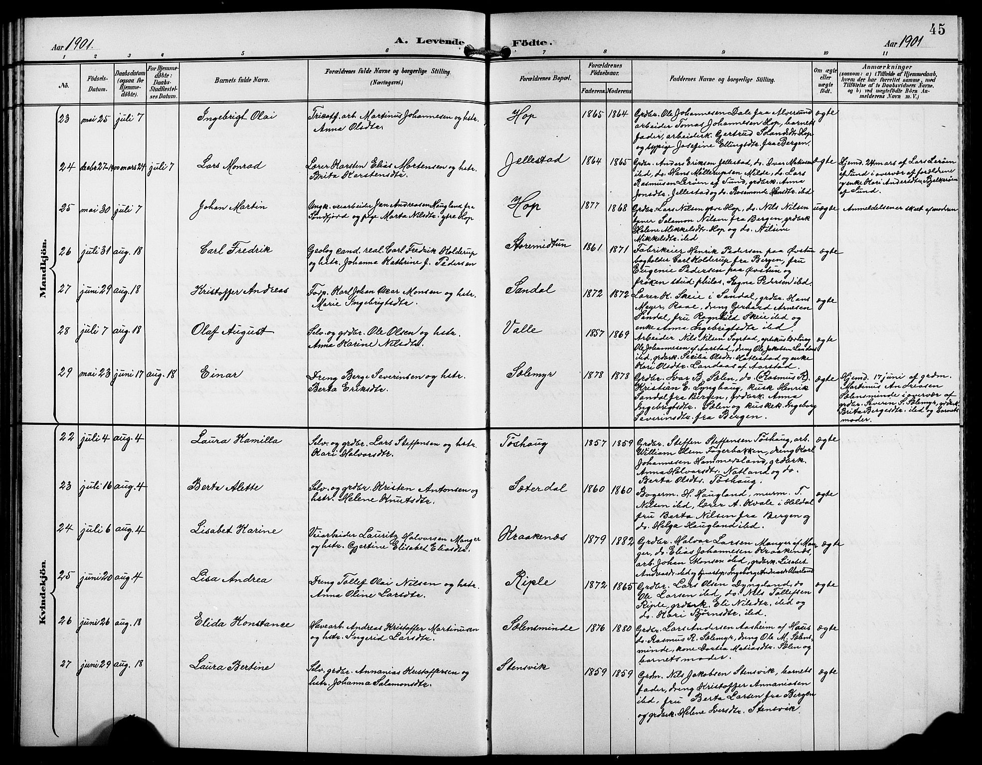 Birkeland Sokneprestembete, AV/SAB-A-74601/H/Hab: Klokkerbok nr. A 5, 1897-1905, s. 45