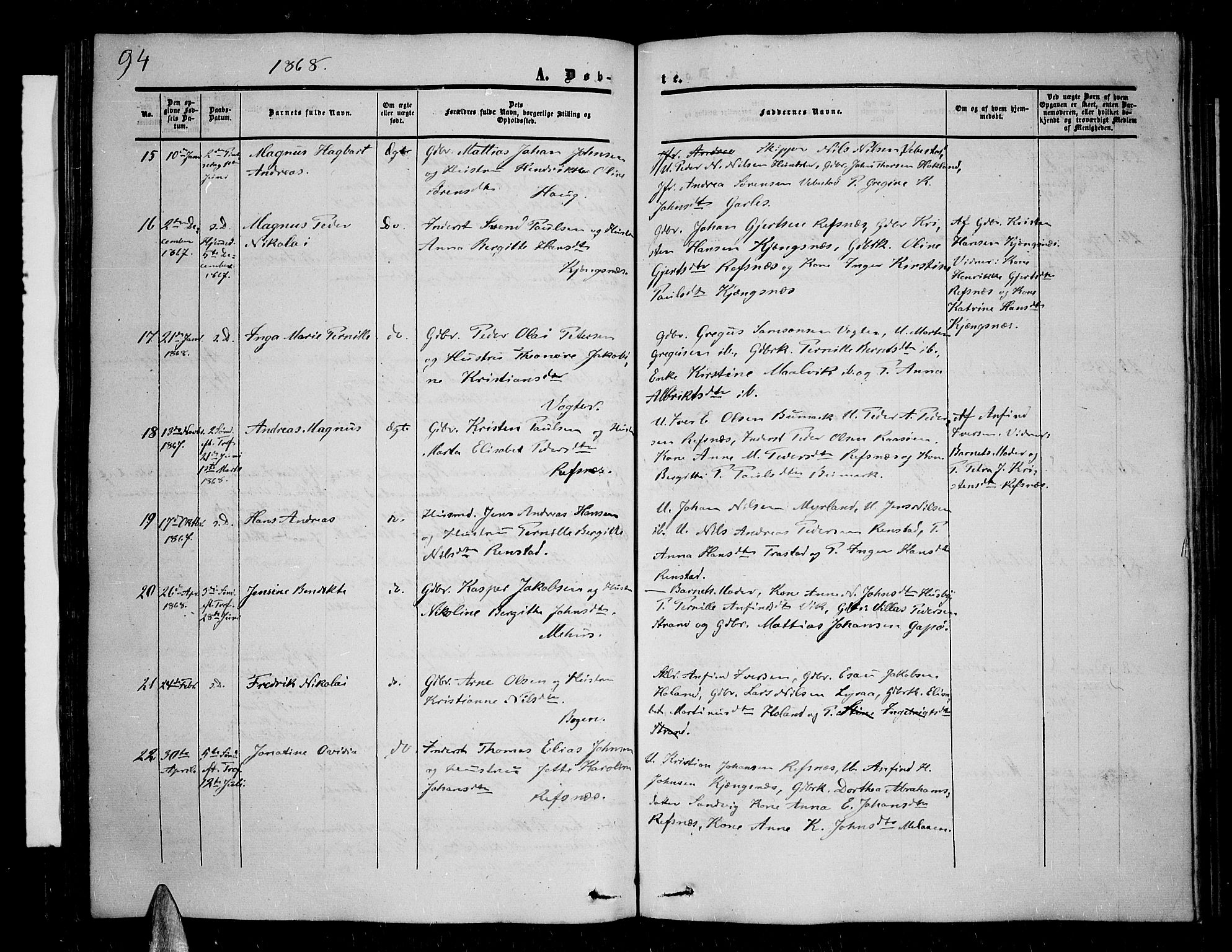 Kvæfjord sokneprestkontor, AV/SATØ-S-1323/G/Ga/Gab/L0003klokker: Klokkerbok nr. 3, 1856-1870, s. 94