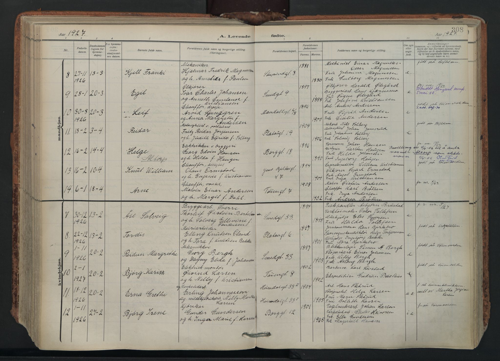 Grønland prestekontor Kirkebøker, AV/SAO-A-10848/F/Fa/L0018: Ministerialbok nr. 18, 1911-1945, s. 308