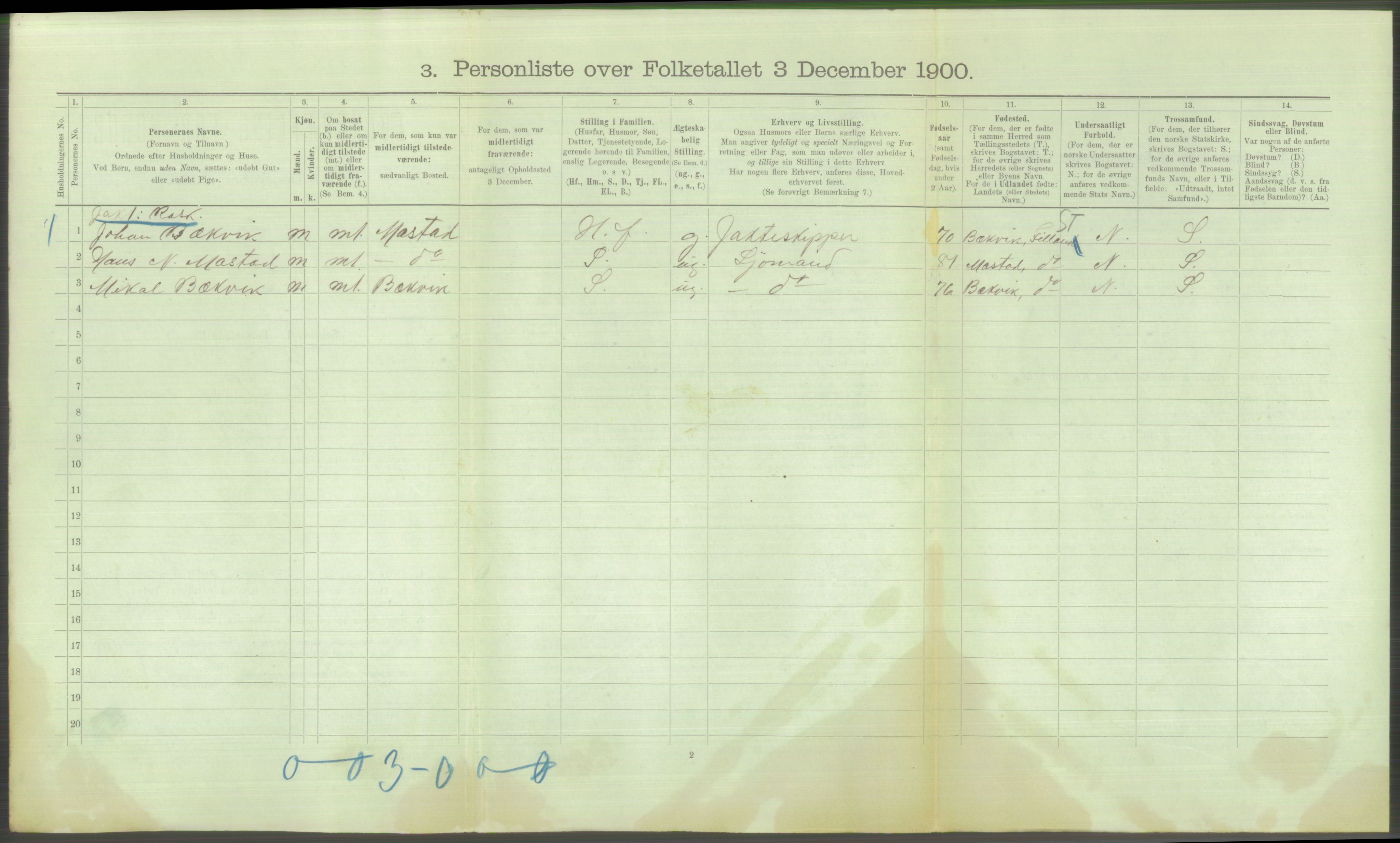 RA, Folketelling 1900 - skipslister med personlister for skip i norske havner, utenlandske havner og til havs, 1900, s. 3216