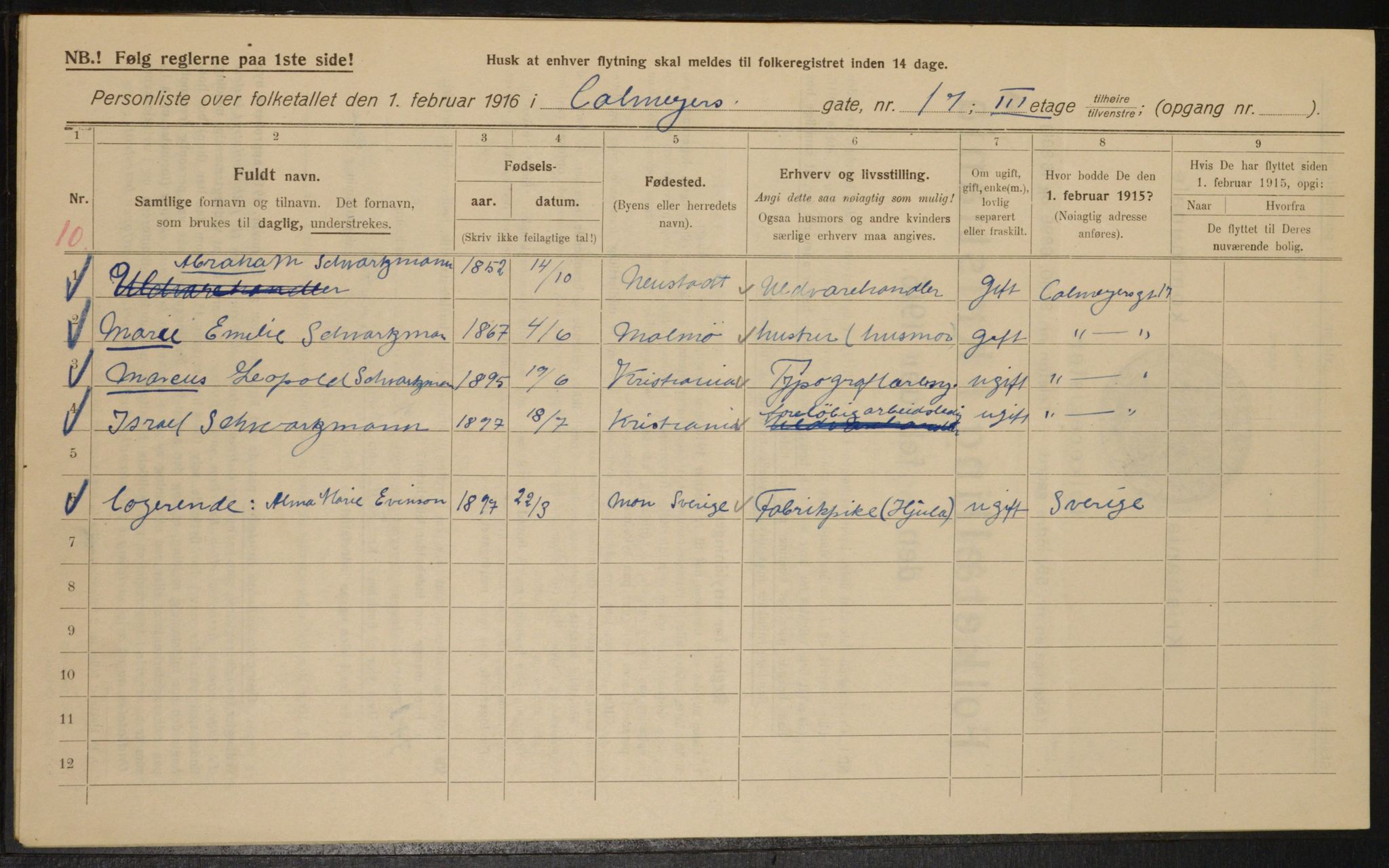 OBA, Kommunal folketelling 1.2.1916 for Kristiania, 1916, s. 11601