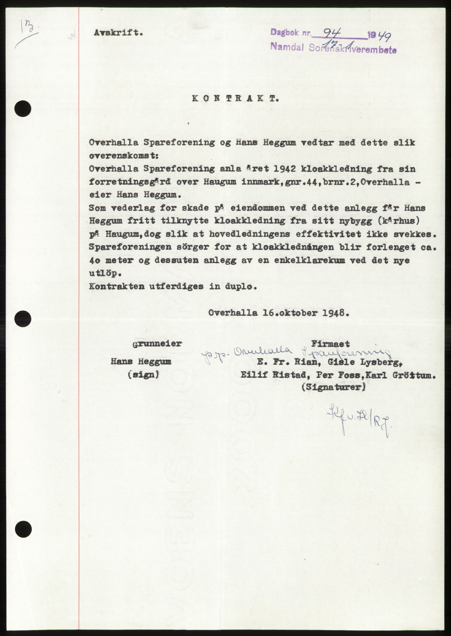 Namdal sorenskriveri, SAT/A-4133/1/2/2C: Pantebok nr. -, 1949-1949, Dagboknr: 94/1949