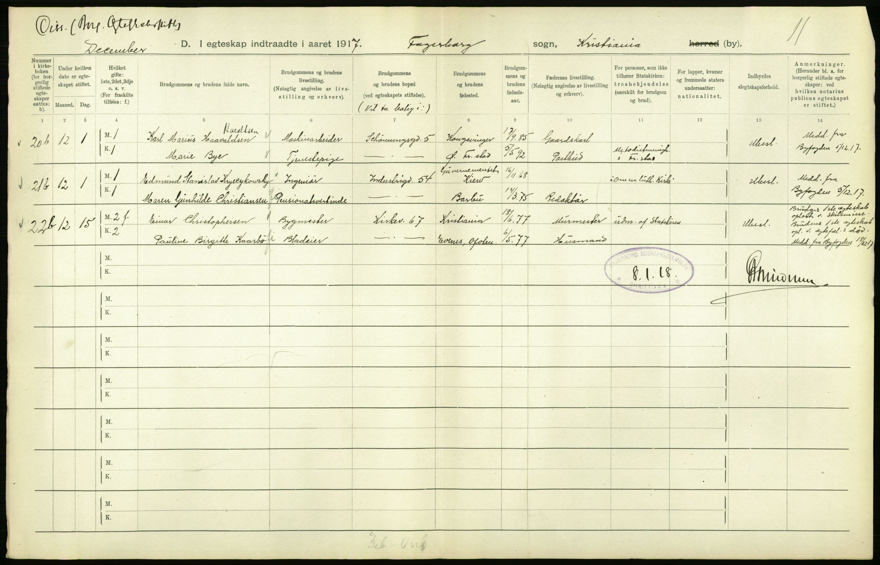 Statistisk sentralbyrå, Sosiodemografiske emner, Befolkning, AV/RA-S-2228/D/Df/Dfb/Dfbg/L0008: Kristiania: Gifte, 1917, s. 398