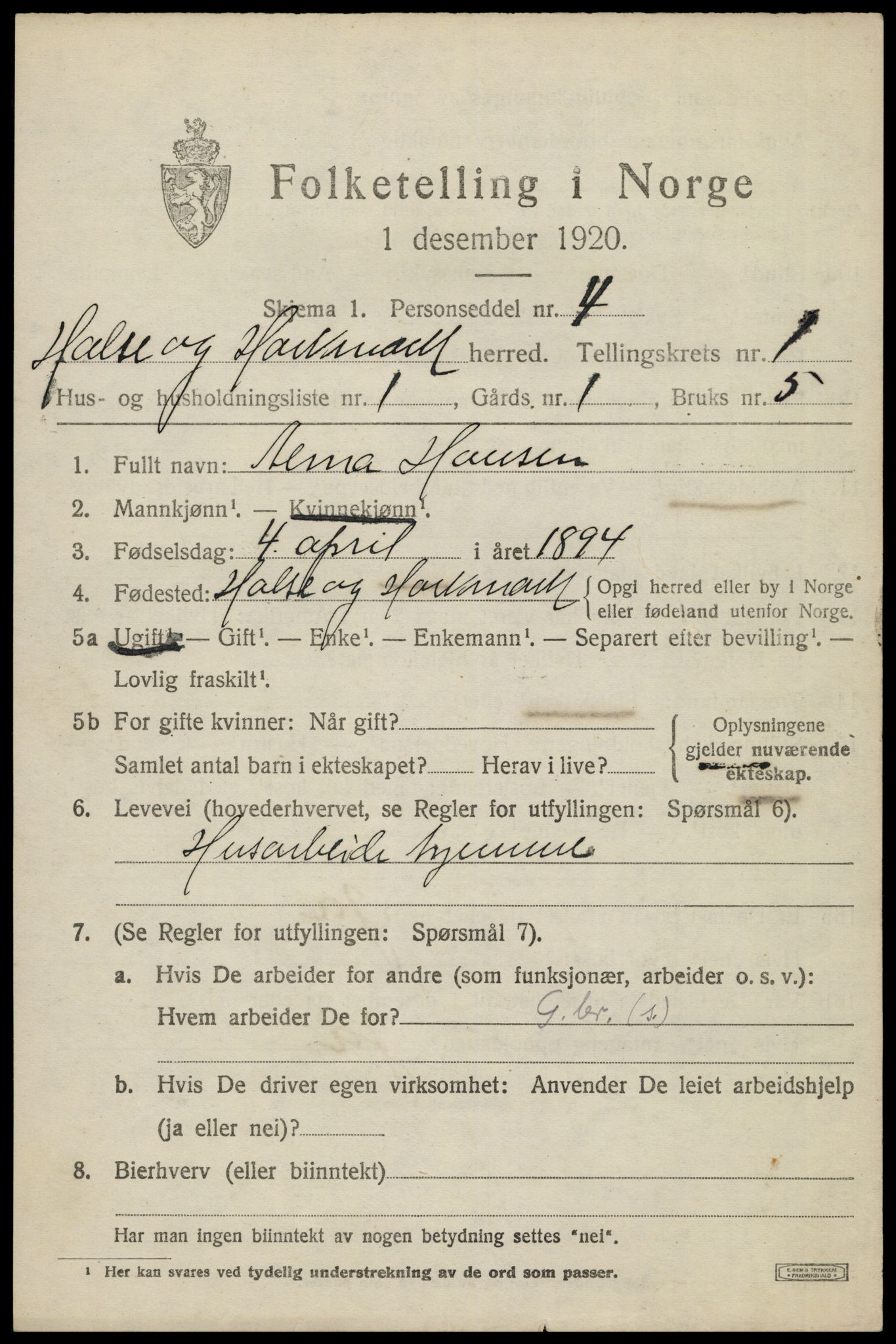SAK, Folketelling 1920 for 1019 Halse og Harkmark herred, 1920, s. 1489