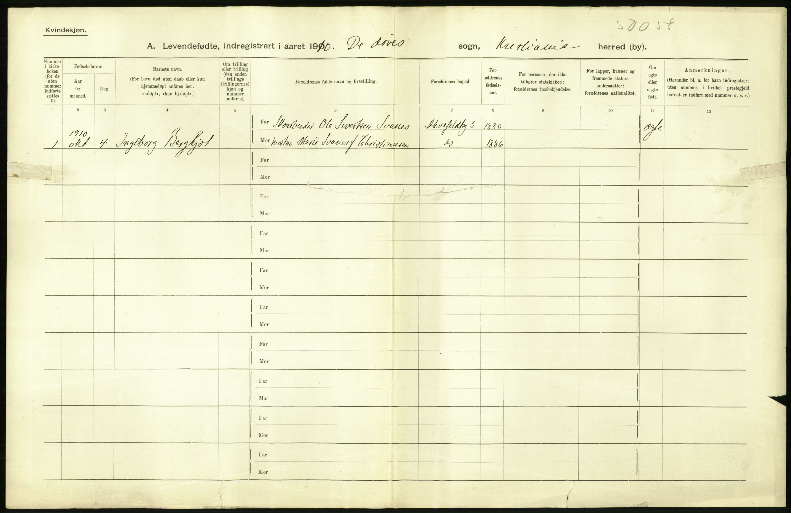 Statistisk sentralbyrå, Sosiodemografiske emner, Befolkning, RA/S-2228/D/Df/Dfa/Dfah/L0007: Kristiania: Levendefødte kvinner., 1910, s. 778