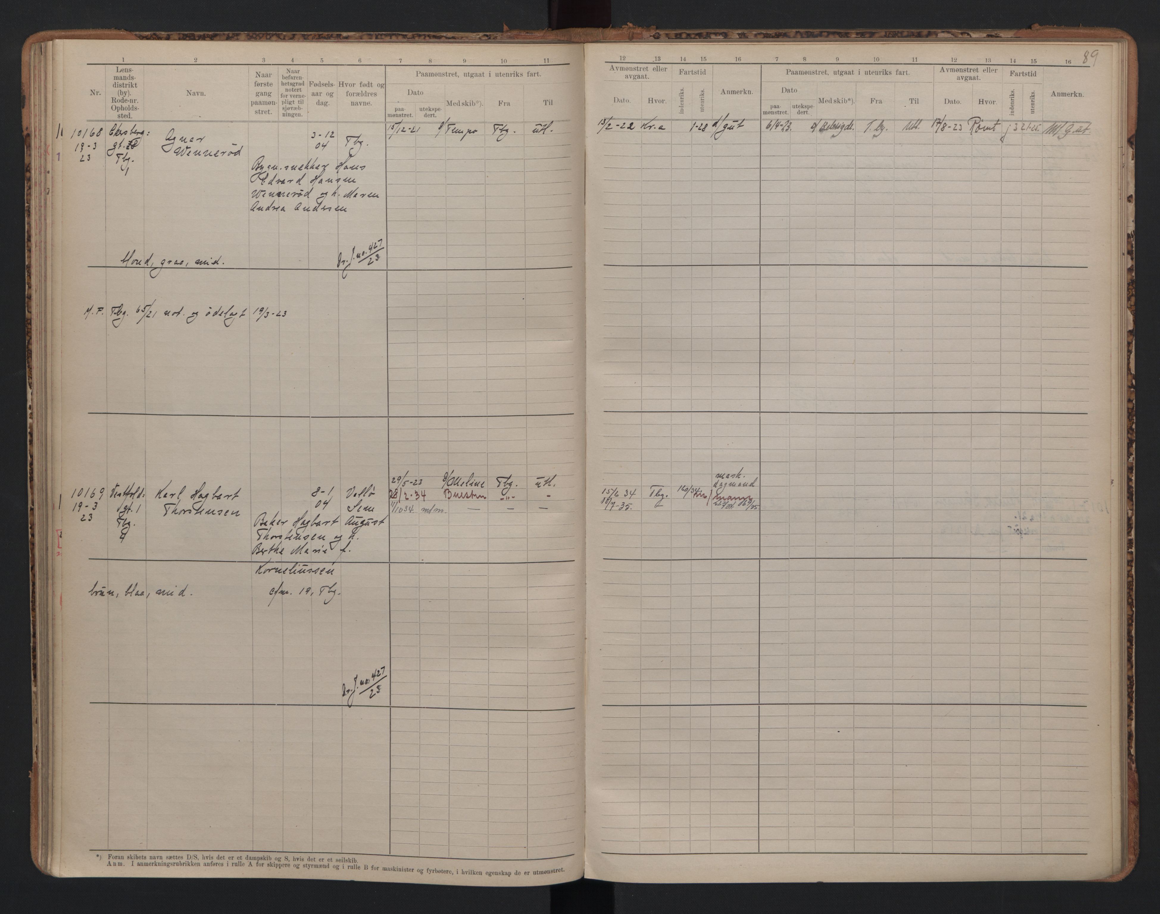 Tønsberg innrulleringskontor, AV/SAKO-A-786/F/Fc/Fcb/L0010: Hovedrulle Patent nr. 9993-1923, 1922-1923, s. 89