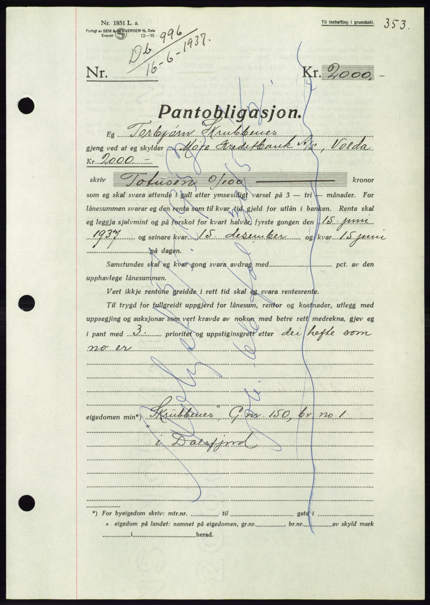 Søre Sunnmøre sorenskriveri, AV/SAT-A-4122/1/2/2C/L0063: Pantebok nr. 57, 1937-1937, Dagboknr: 996/1937