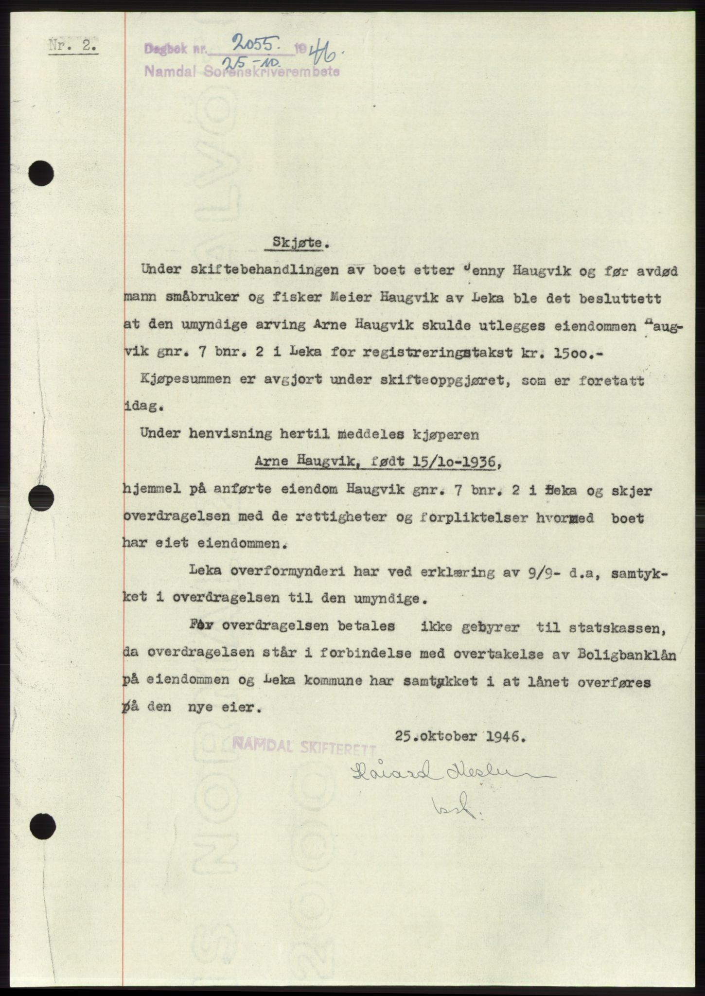 Namdal sorenskriveri, SAT/A-4133/1/2/2C: Pantebok nr. -, 1946-1947, Dagboknr: 2055/1946