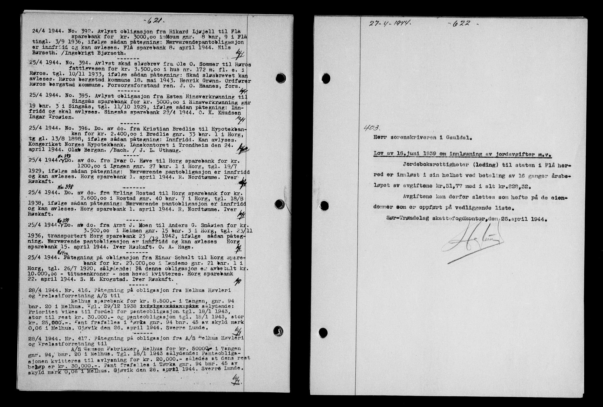 Gauldal sorenskriveri, SAT/A-0014/1/2/2C/L0057: Pantebok nr. 62, 1943-1944, Dagboknr: 403/1944