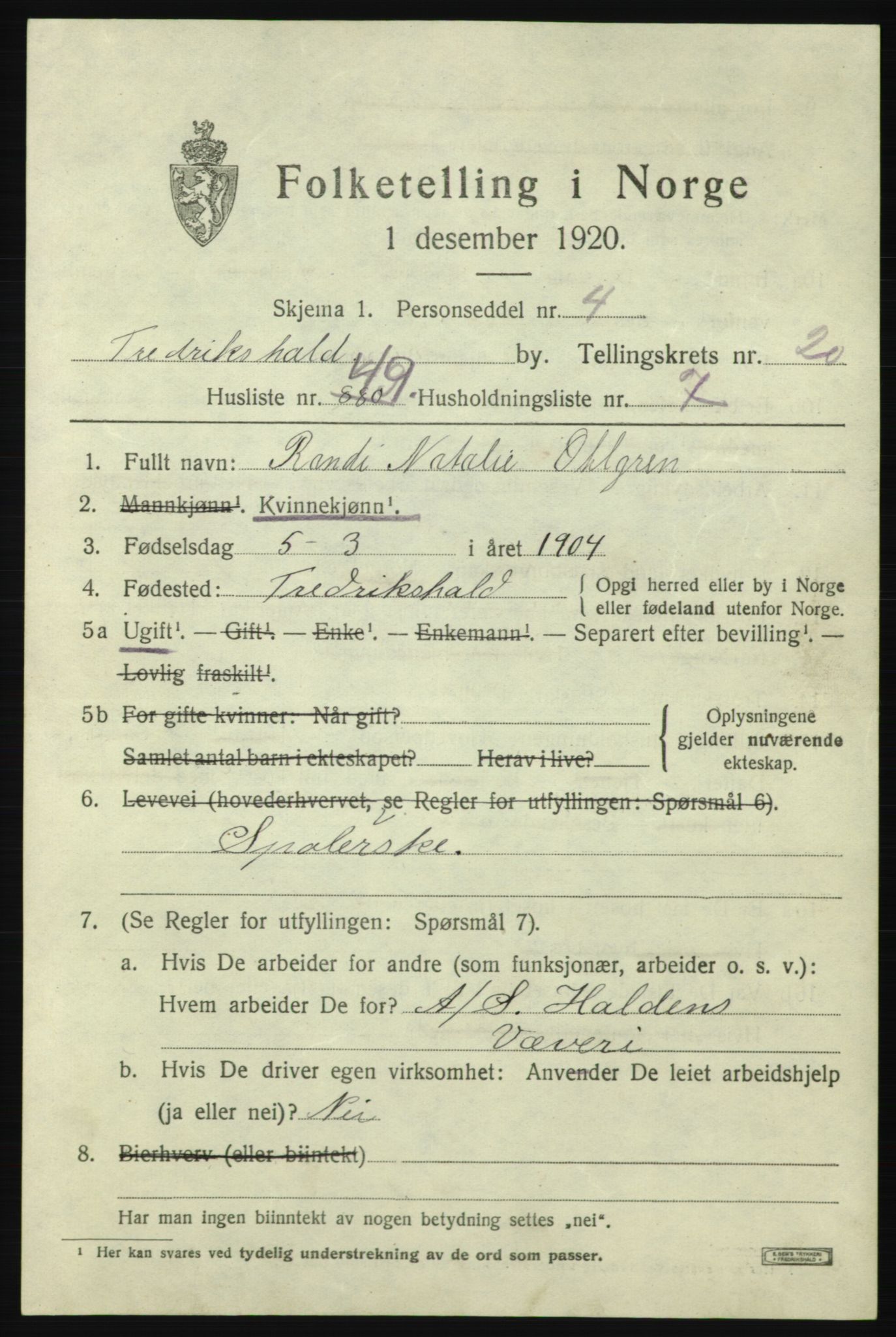 SAO, Folketelling 1920 for 0101 Fredrikshald kjøpstad, 1920, s. 30266