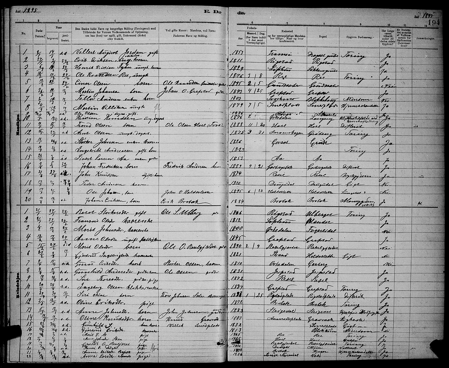 Ministerialprotokoller, klokkerbøker og fødselsregistre - Sør-Trøndelag, AV/SAT-A-1456/672/L0863: Klokkerbok nr. 672C02, 1888-1901, s. 194
