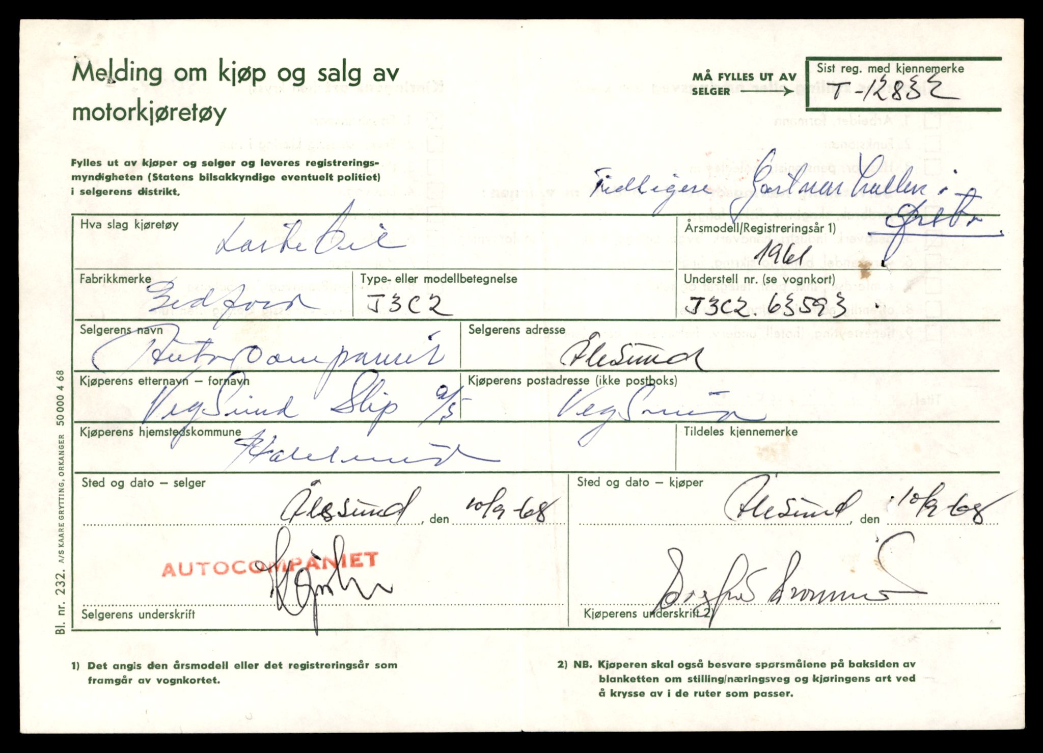 Møre og Romsdal vegkontor - Ålesund trafikkstasjon, AV/SAT-A-4099/F/Fe/L0036: Registreringskort for kjøretøy T 12831 - T 13030, 1927-1998, s. 37