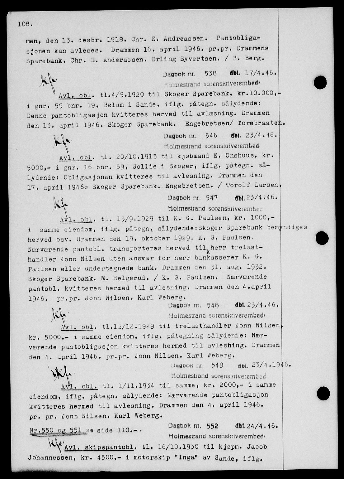 Holmestrand sorenskriveri, SAKO/A-67/G/Ga/Gab/L0055: Pantebok nr. B-55, 1945-1946, Dagboknr: 538/1946