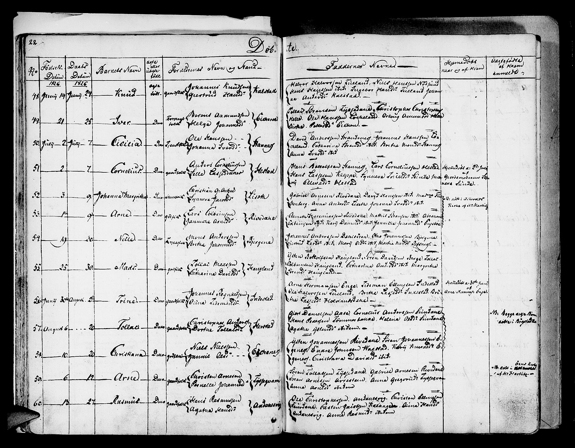 Fjaler sokneprestembete, AV/SAB-A-79801/H/Haa/Haaa/L0005: Ministerialbok nr. A 5, 1821-1835, s. 22