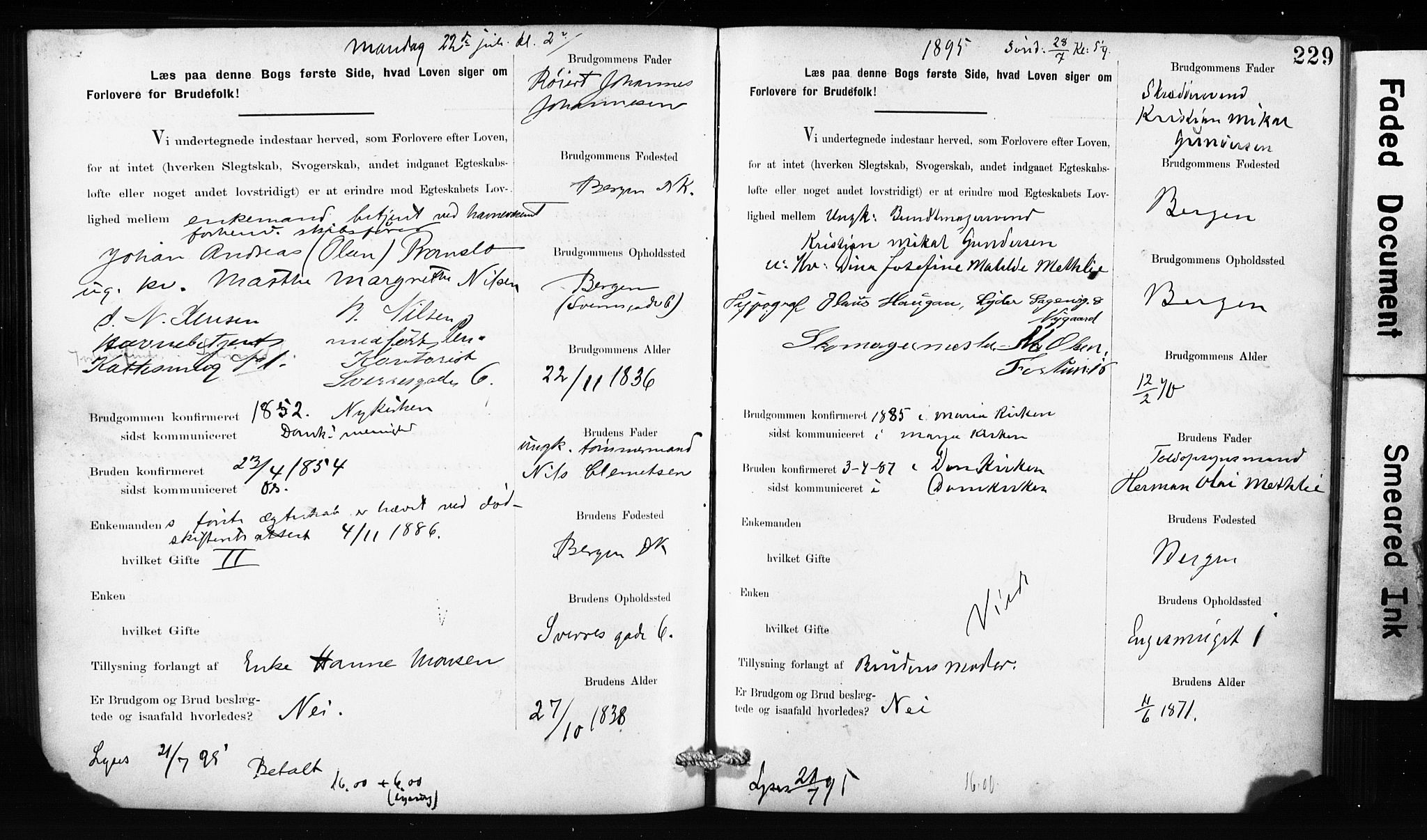 Domkirken sokneprestembete, SAB/A-74801: Forlovererklæringer nr. II.5.10, 1890-1899, s. 229