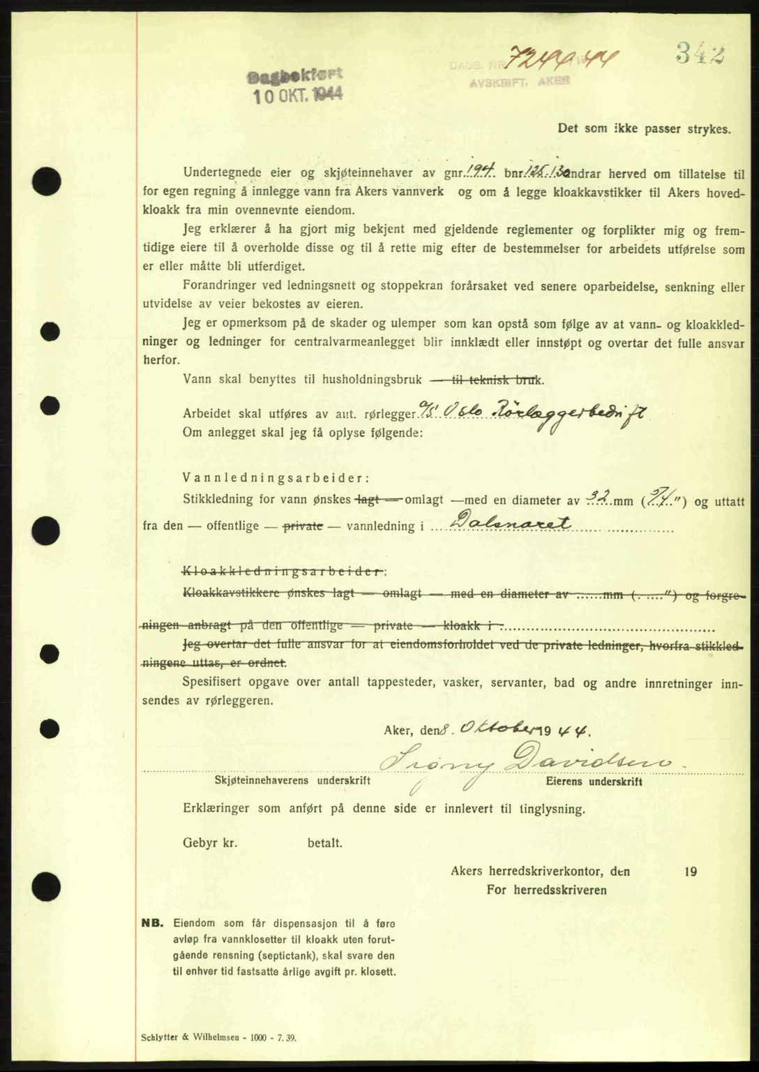 Aker herredsskriveri, SAO/A-10896/G/Gb/Gba/Gbac/L0035: Pantebok nr. B200-201, 1944-1944, Dagboknr: 7244/1944