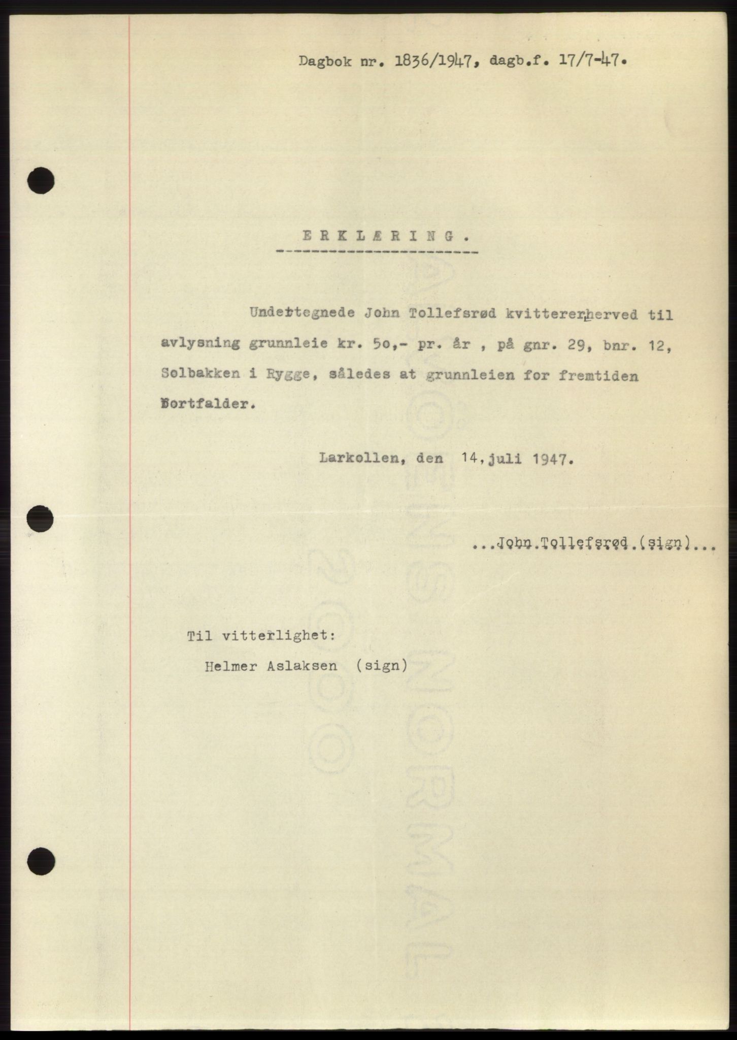 Moss sorenskriveri, SAO/A-10168: Pantebok nr. B17, 1947-1947, Dagboknr: 1836/1947