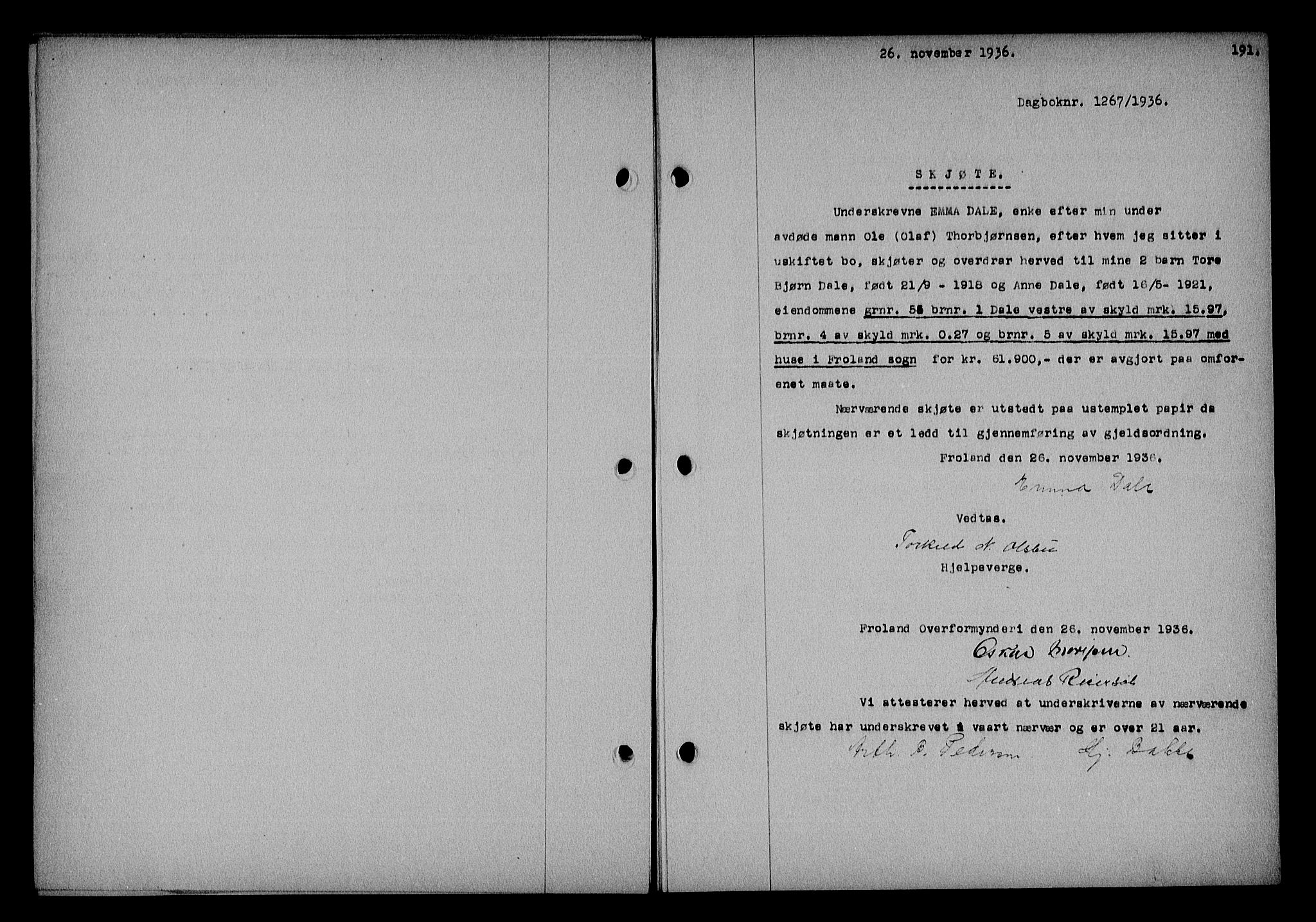 Nedenes sorenskriveri, SAK/1221-0006/G/Gb/Gba/L0043: Pantebok nr. 39, 1936-1937, Dagboknr: 1267/1936