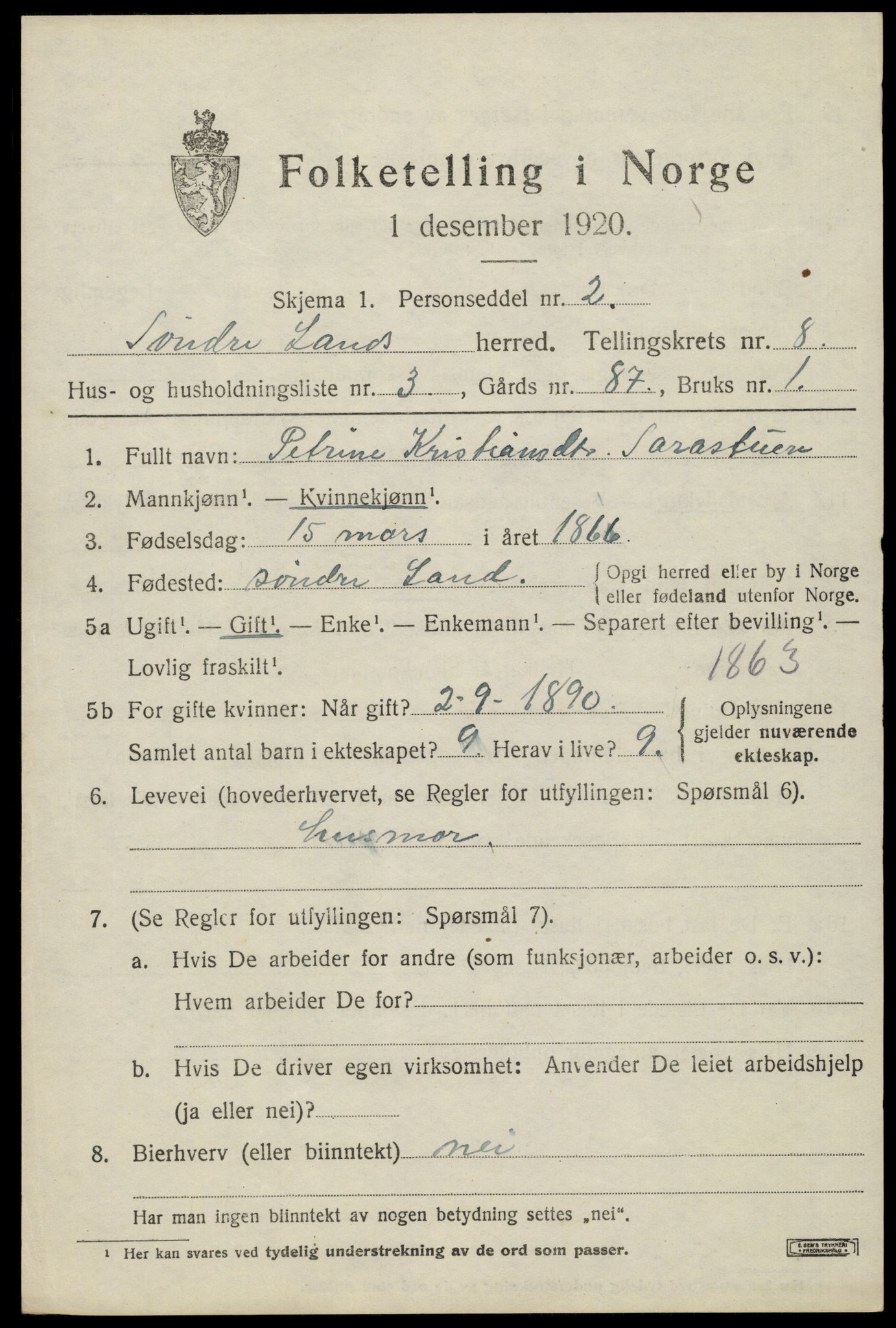 SAH, Folketelling 1920 for 0536 Søndre Land herred, 1920, s. 7617