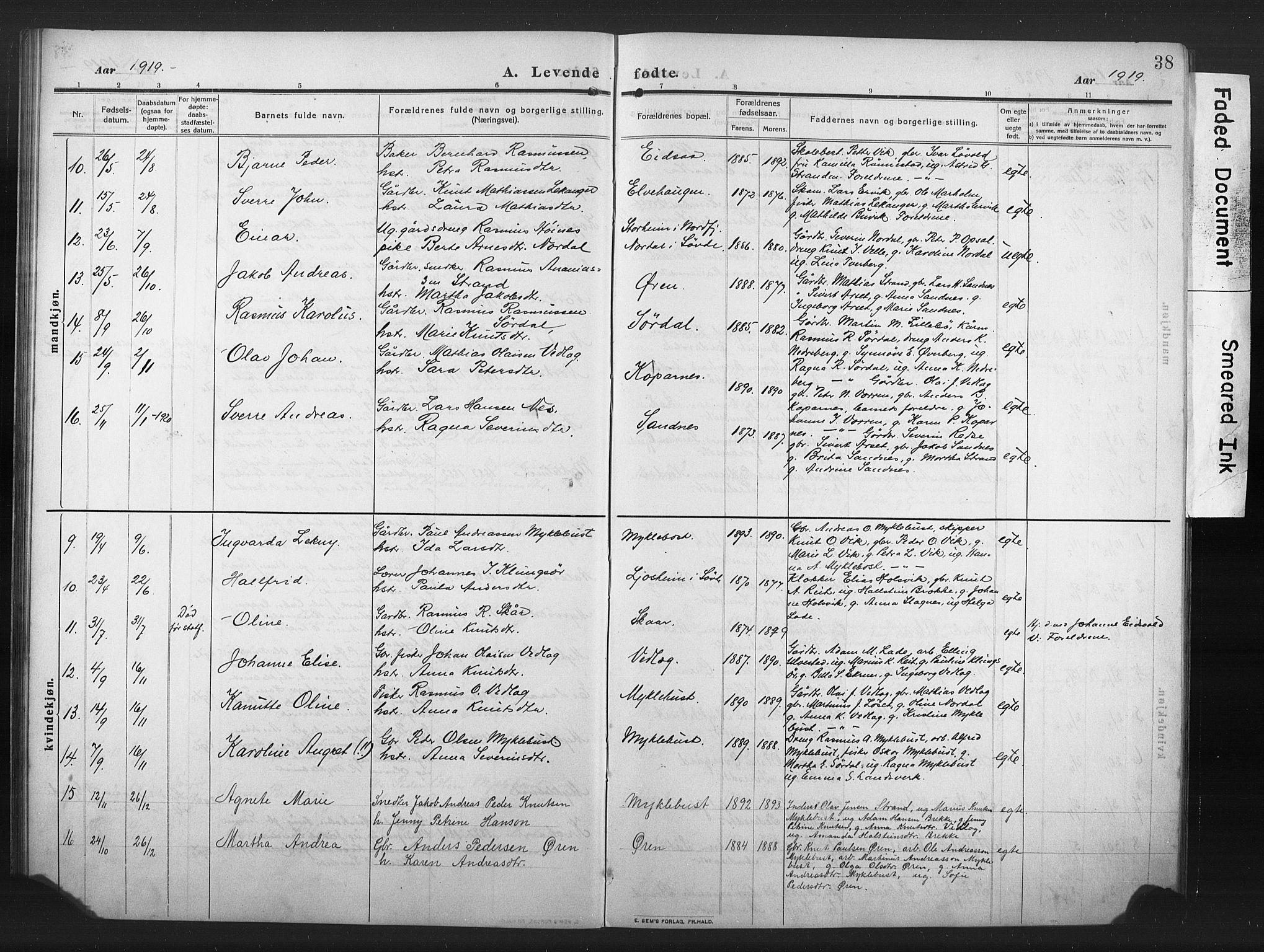 Ministerialprotokoller, klokkerbøker og fødselsregistre - Møre og Romsdal, AV/SAT-A-1454/502/L0028: Klokkerbok nr. 502C02, 1909-1932, s. 38