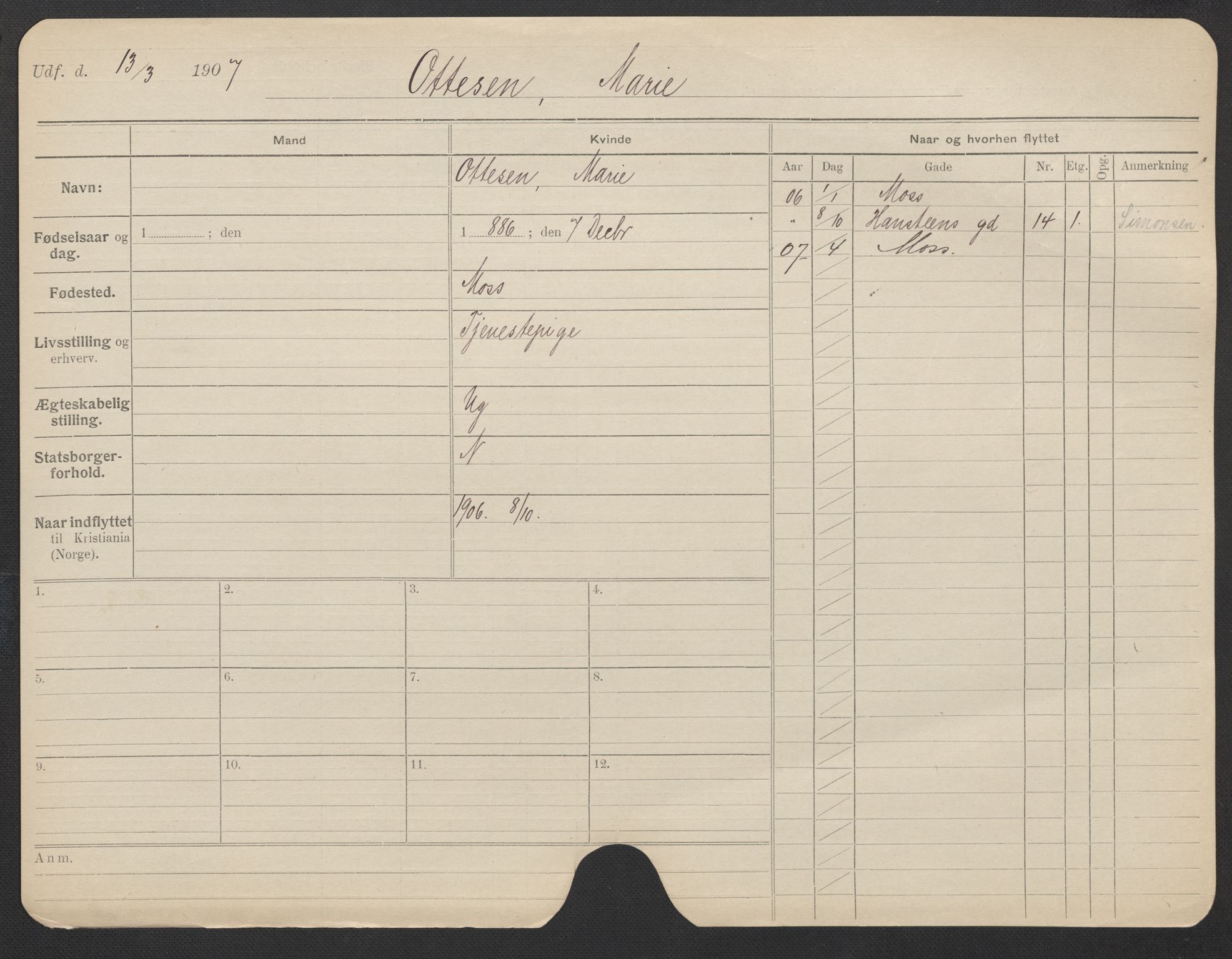 Oslo folkeregister, Registerkort, AV/SAO-A-11715/F/Fa/Fac/L0022: Kvinner, 1906-1914, s. 496a