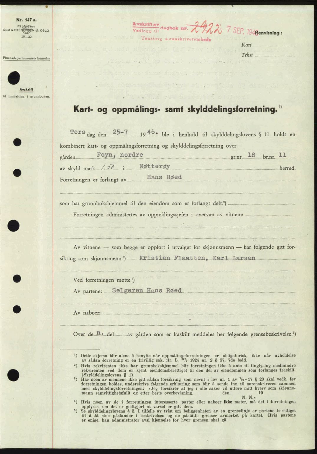 Tønsberg sorenskriveri, SAKO/A-130/G/Ga/Gaa/L0019: Pantebok nr. A19, 1946-1946, Dagboknr: 2922/1946
