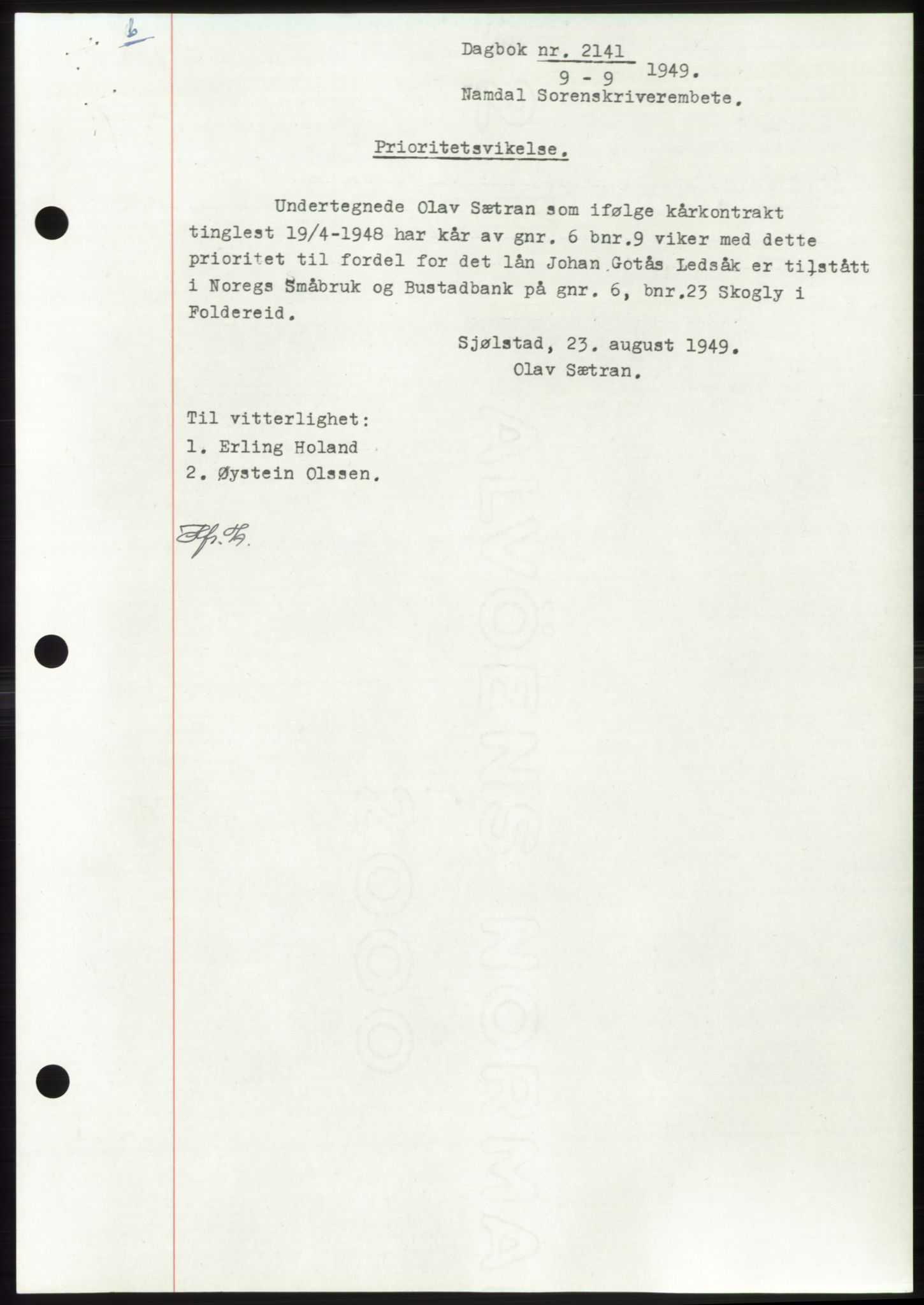 Namdal sorenskriveri, SAT/A-4133/1/2/2C: Pantebok nr. -, 1949-1949, Dagboknr: 2141/1949