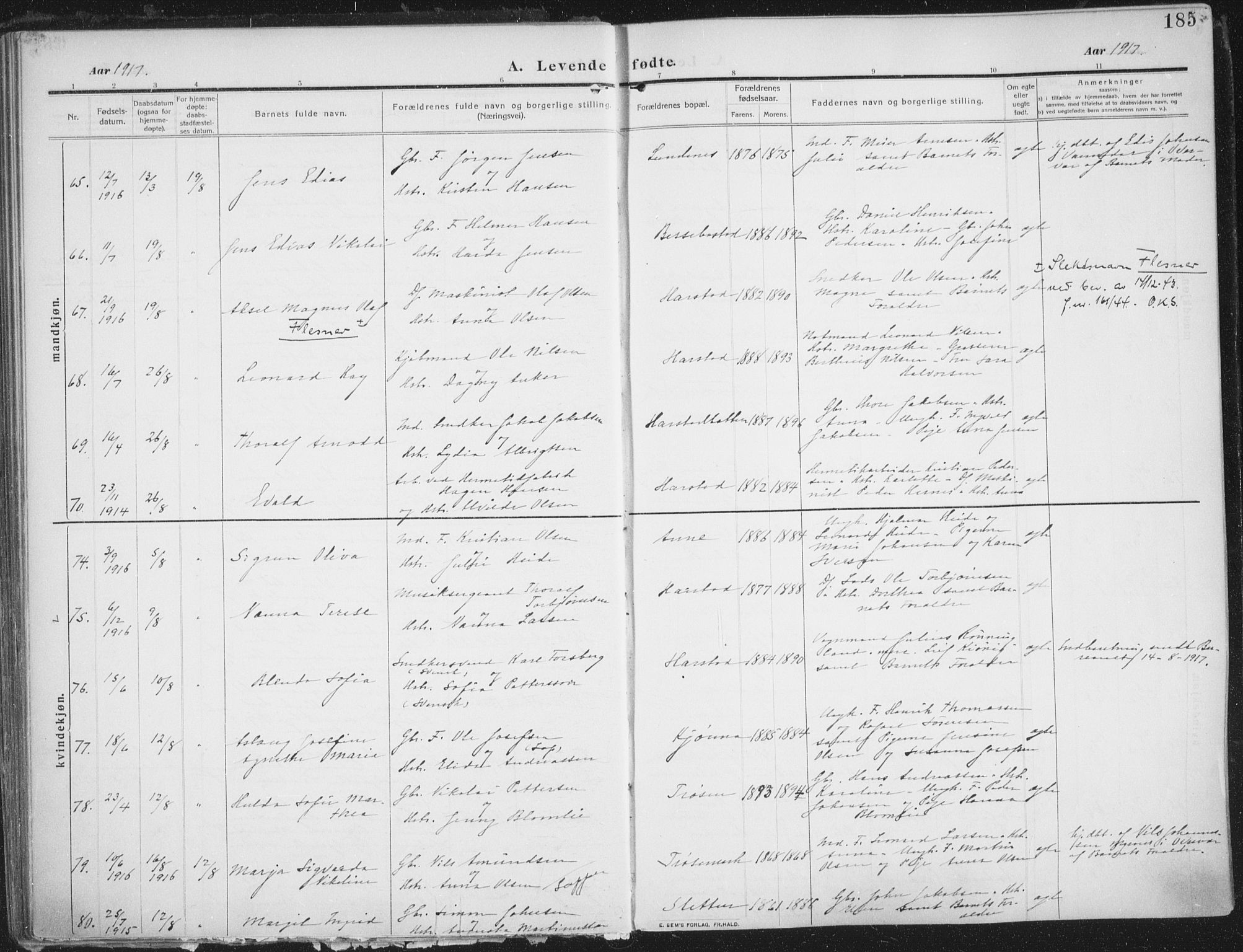 Trondenes sokneprestkontor, AV/SATØ-S-1319/H/Ha/L0018kirke: Ministerialbok nr. 18, 1909-1918, s. 185