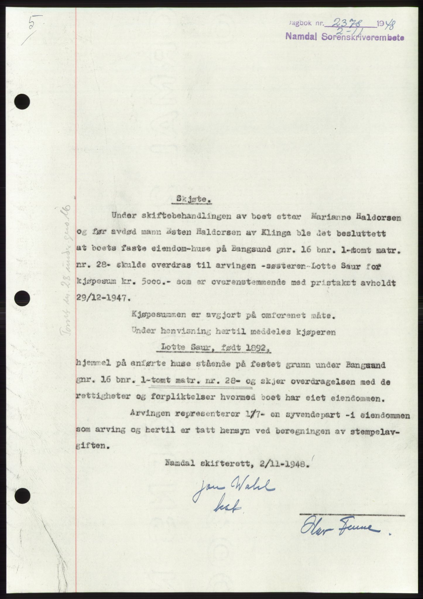 Namdal sorenskriveri, SAT/A-4133/1/2/2C: Pantebok nr. -, 1948-1948, Dagboknr: 2378/1948