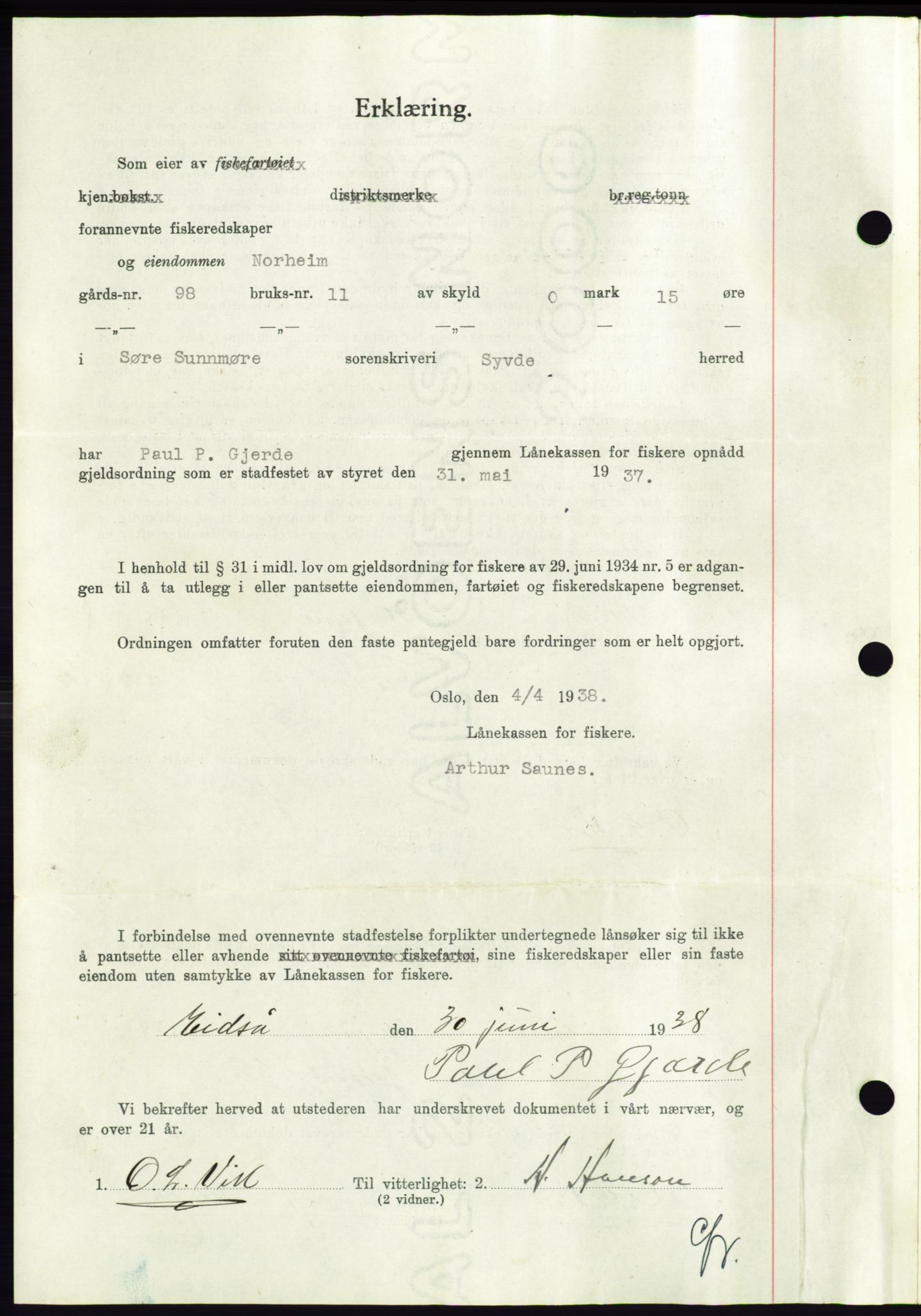 Søre Sunnmøre sorenskriveri, AV/SAT-A-4122/1/2/2C/L0066: Pantebok nr. 60, 1938-1938, Dagboknr: 1063/1938