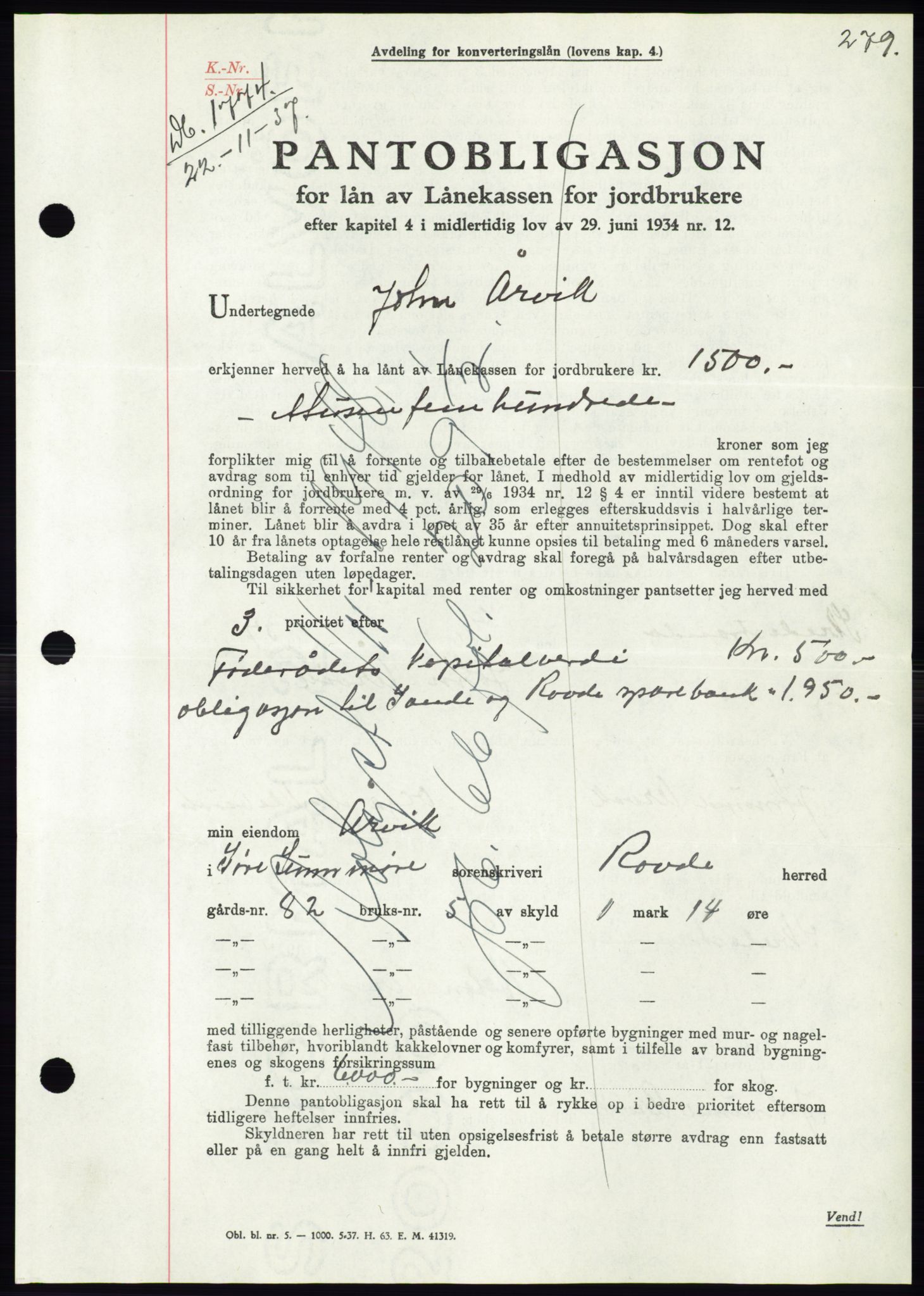 Søre Sunnmøre sorenskriveri, AV/SAT-A-4122/1/2/2C/L0064: Pantebok nr. 58, 1937-1938, Dagboknr: 1774/1937