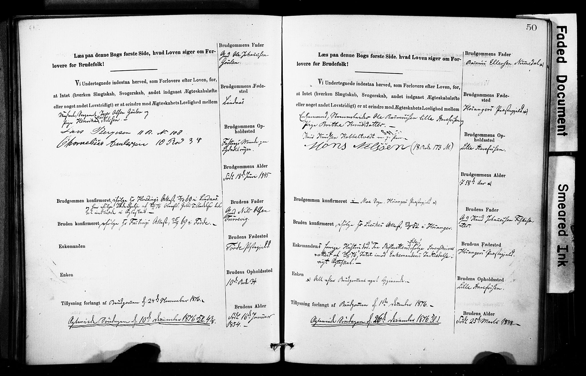 Domkirken sokneprestembete, SAB/A-74801: Forlovererklæringer nr. II.5.8, 1876-1882, s. 50
