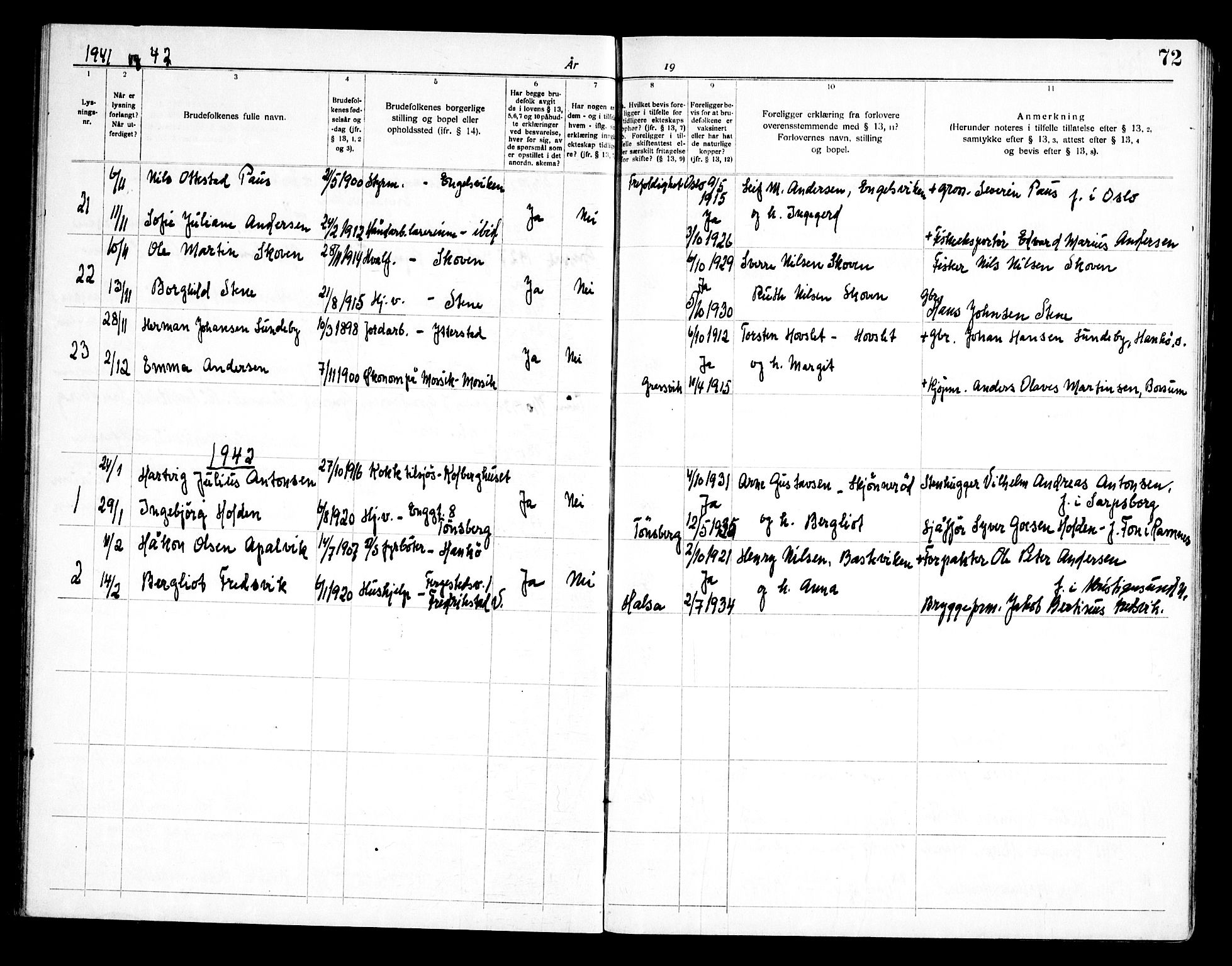 Onsøy prestekontor Kirkebøker, AV/SAO-A-10914/H/Ha/L0001: Lysningsprotokoll nr. I 1, 1919-1956, s. 72
