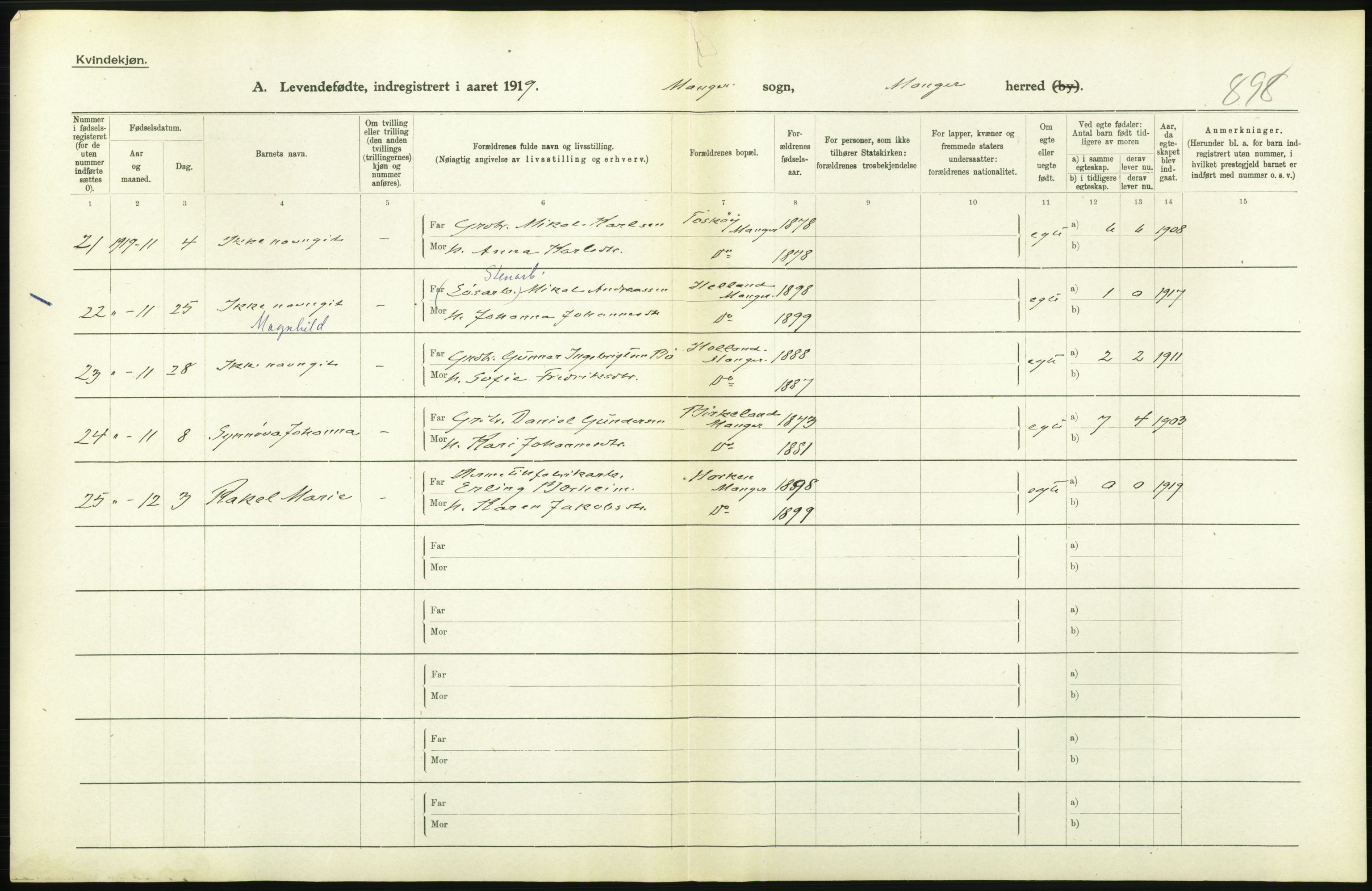 Statistisk sentralbyrå, Sosiodemografiske emner, Befolkning, AV/RA-S-2228/D/Df/Dfb/Dfbi/L0031: Hordaland fylke: Levendefødte menn og kvinner. Bygder., 1919, s. 34