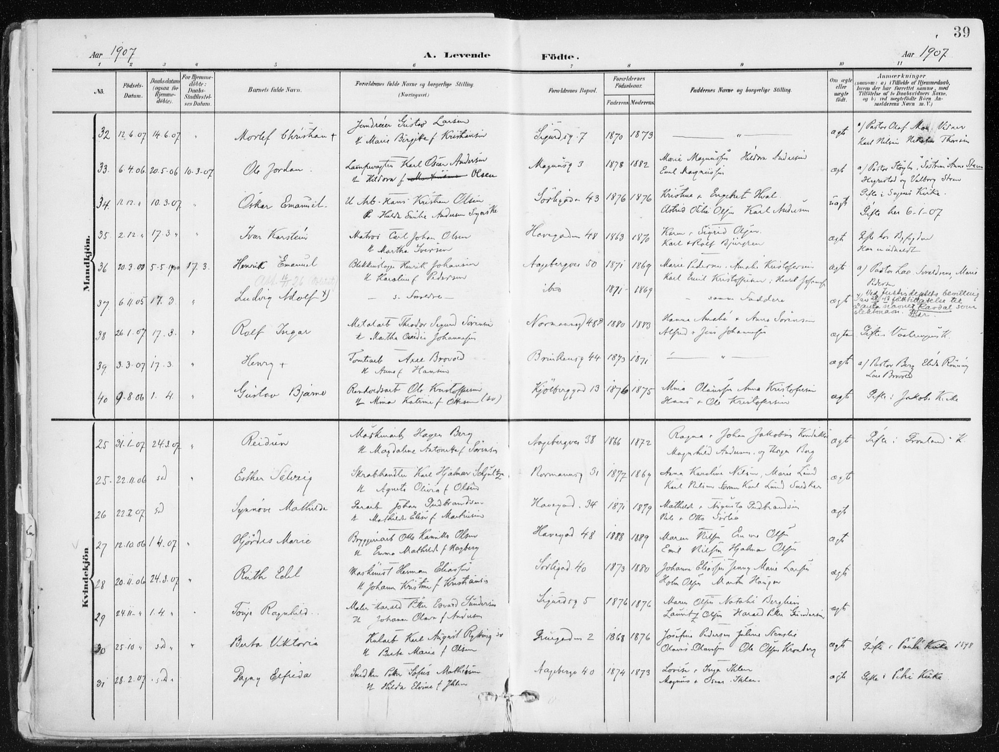 Kampen prestekontor Kirkebøker, AV/SAO-A-10853/F/Fa/L0010: Ministerialbok nr. I 10, 1905-1917, s. 39