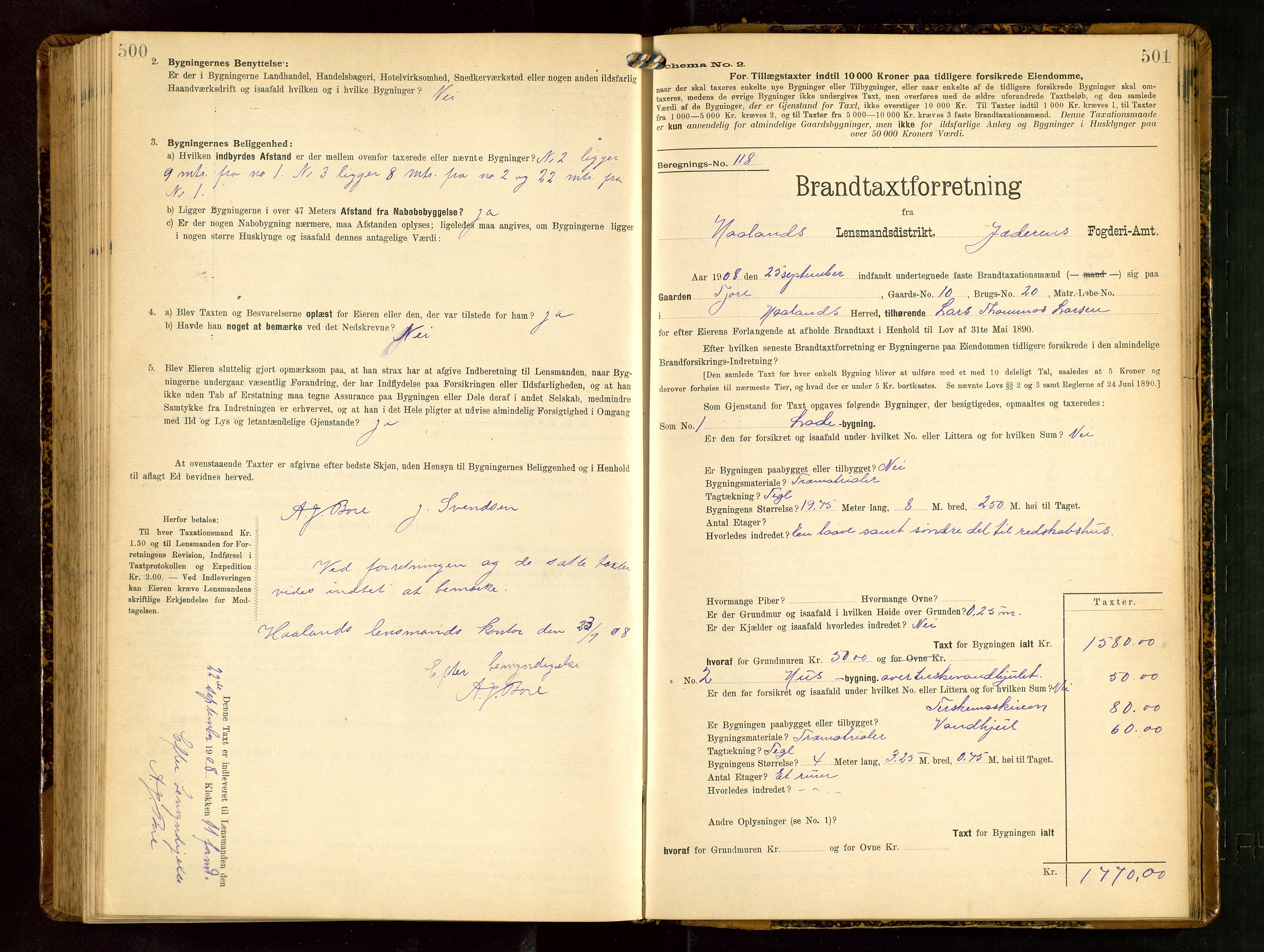 Håland lensmannskontor, AV/SAST-A-100100/Gob/L0003: Branntakstprotokoll - skjematakst. Register i boken., 1909-1910, s. 500-501