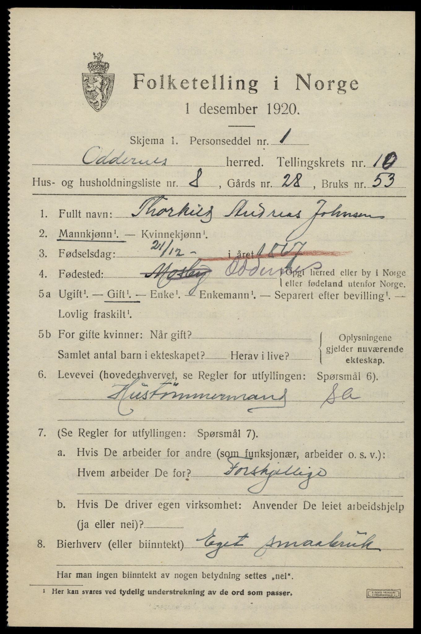 SAK, Folketelling 1920 for 1012 Oddernes herred, 1920, s. 6445