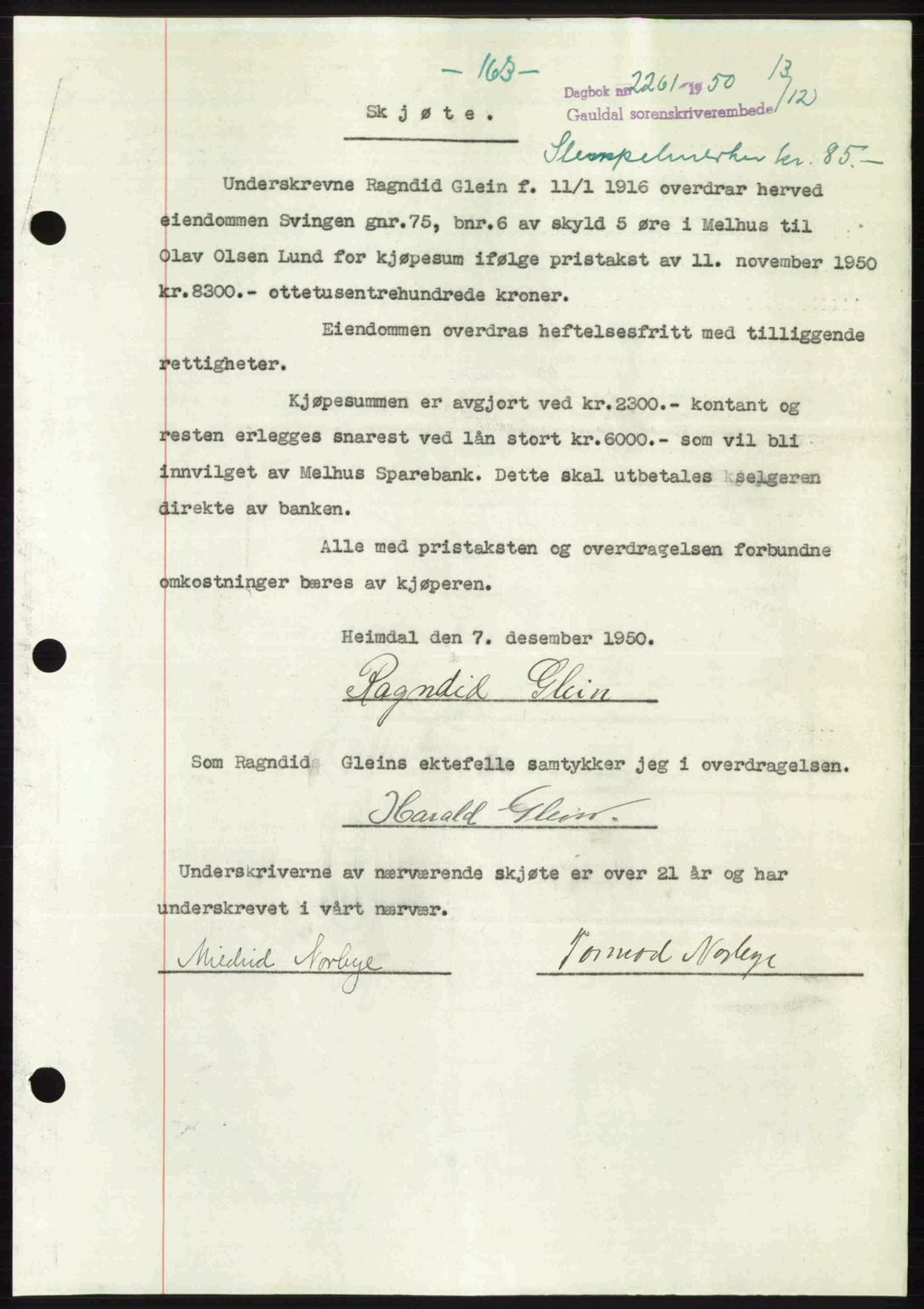 Gauldal sorenskriveri, SAT/A-0014/1/2/2C: Pantebok nr. A11, 1950-1950, Dagboknr: 2261/1950