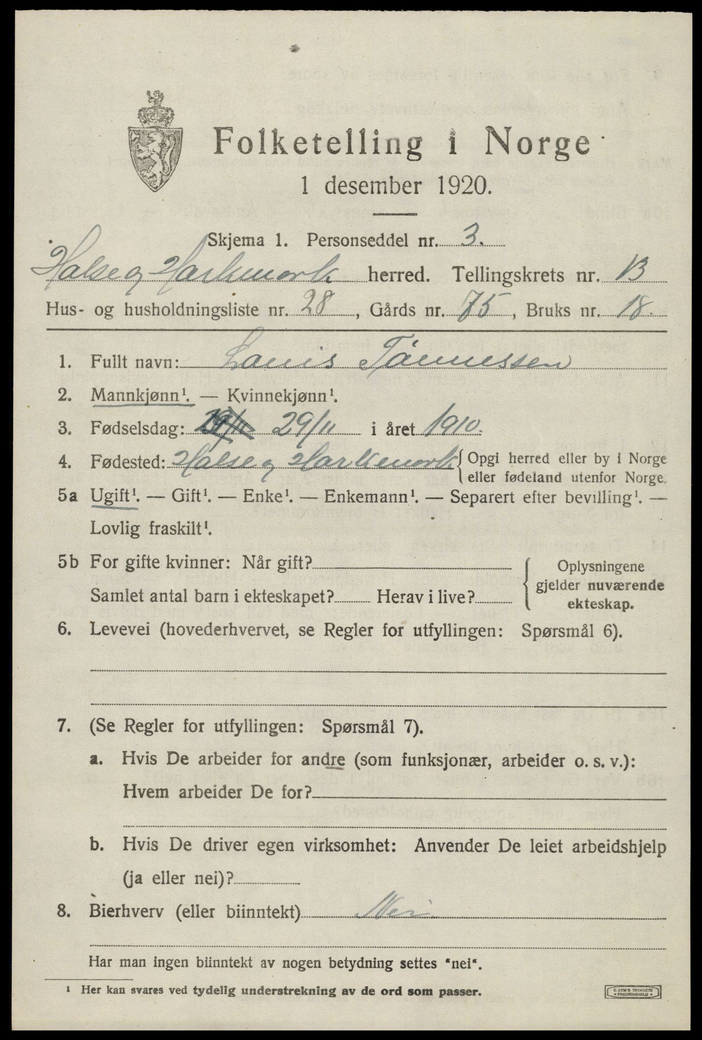 SAK, Folketelling 1920 for 1019 Halse og Harkmark herred, 1920, s. 7241