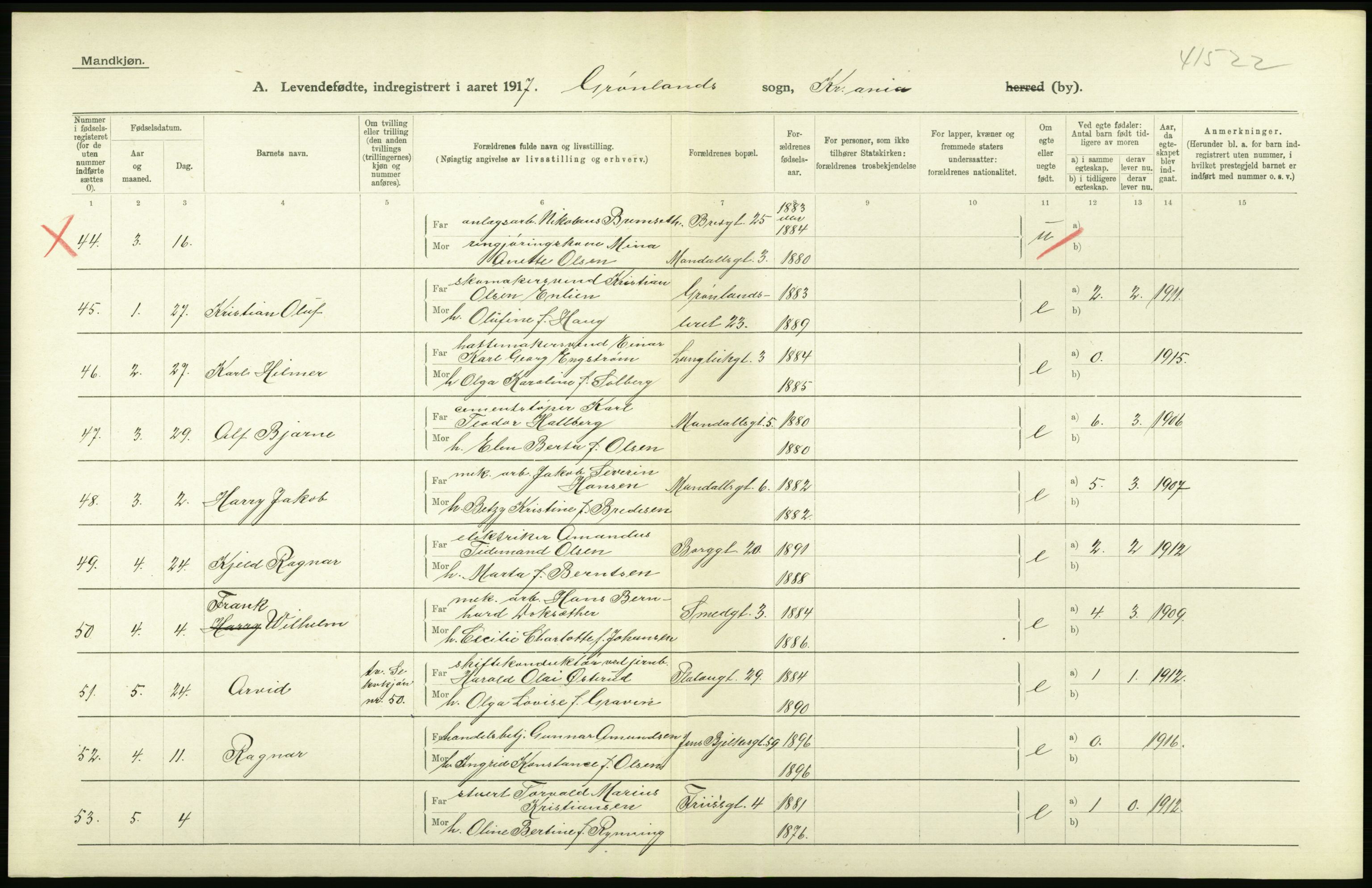 Statistisk sentralbyrå, Sosiodemografiske emner, Befolkning, AV/RA-S-2228/D/Df/Dfb/Dfbg/L0006: Kristiania: Levendefødte menn og kvinner., 1917, s. 12