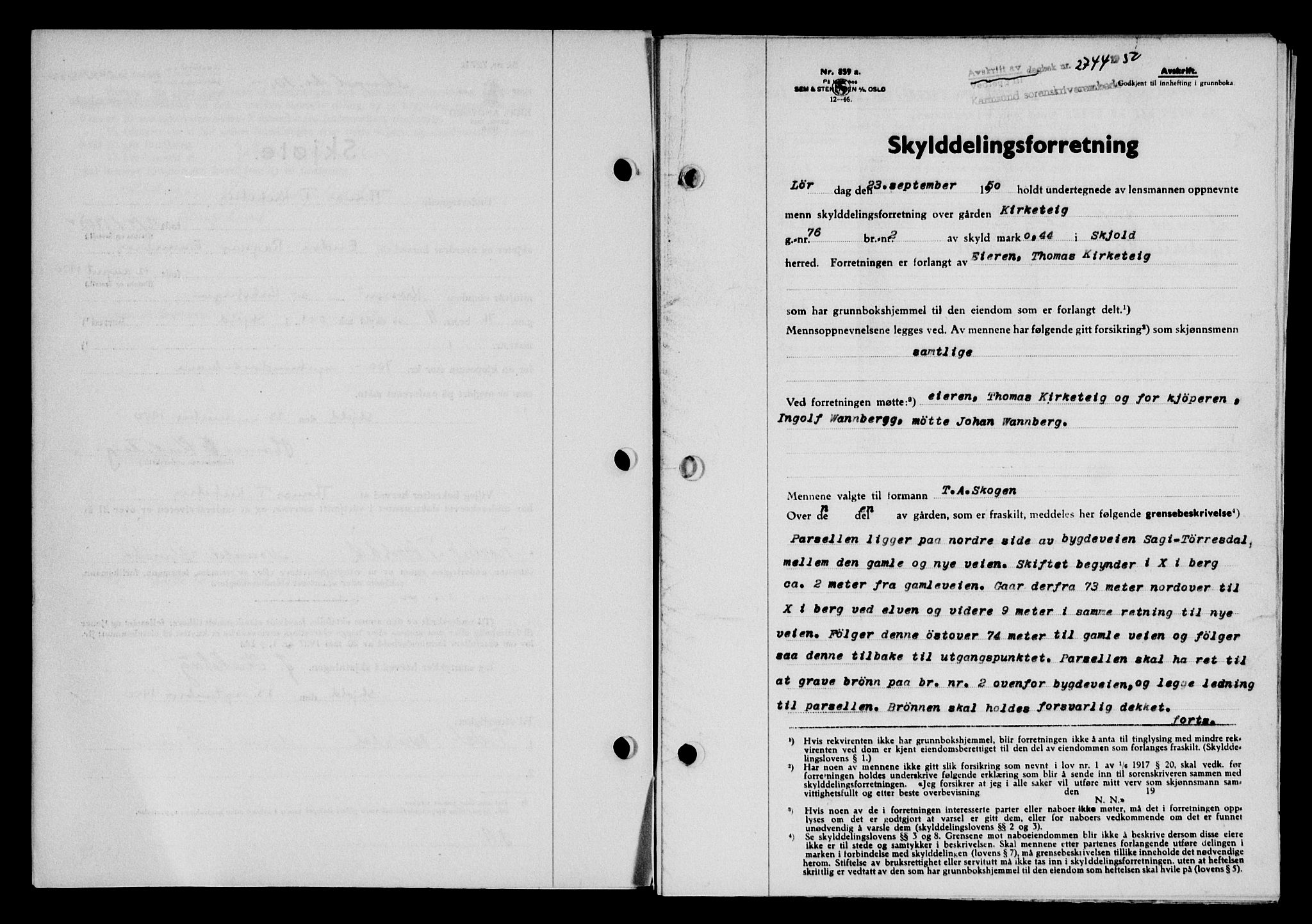 Karmsund sorenskriveri, SAST/A-100311/01/II/IIB/L0101: Pantebok nr. 81A, 1950-1951, Dagboknr: 2744/1950