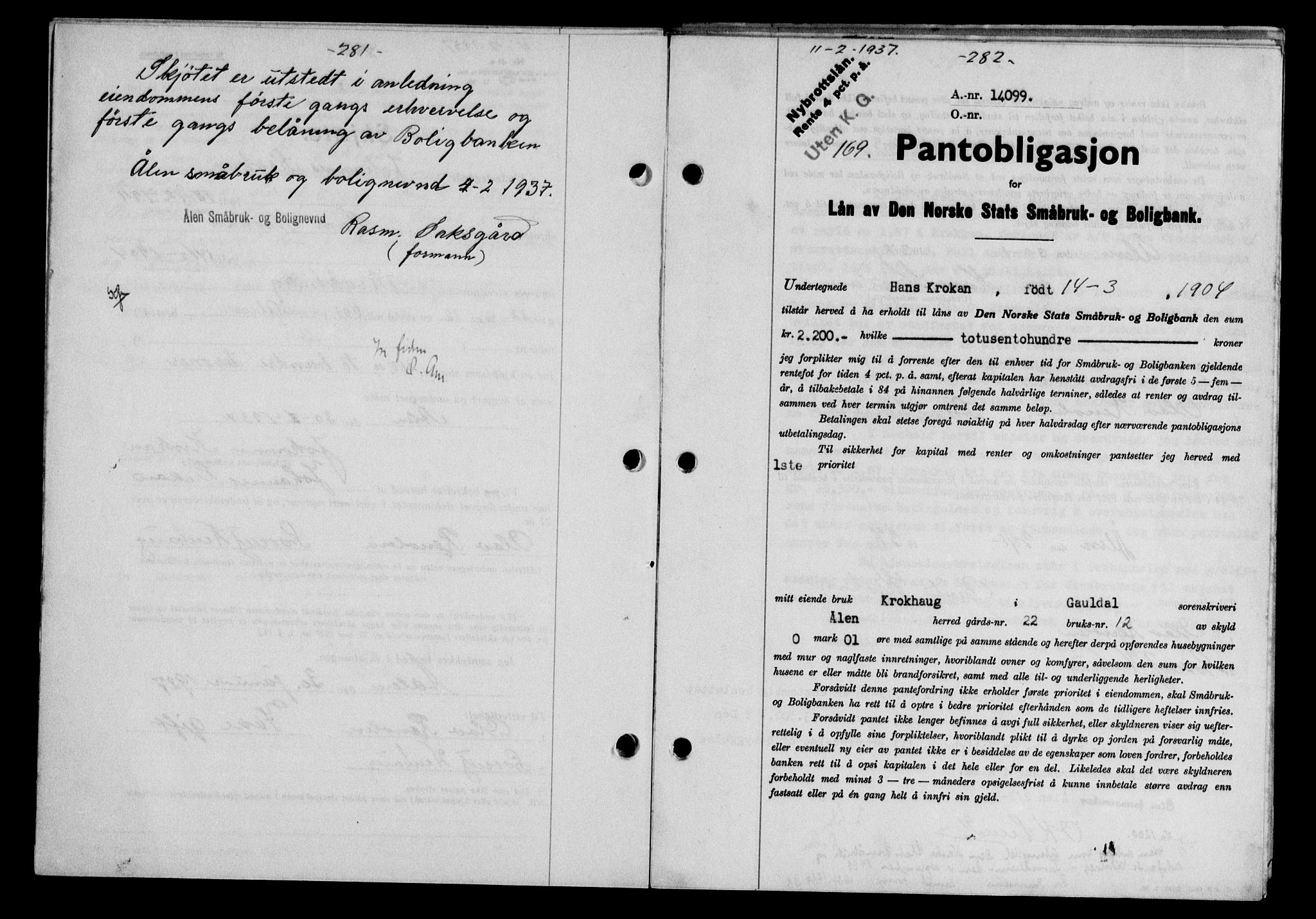Gauldal sorenskriveri, SAT/A-0014/1/2/2C/L0046: Pantebok nr. 49-50, 1936-1937, Dagboknr: 169/1937